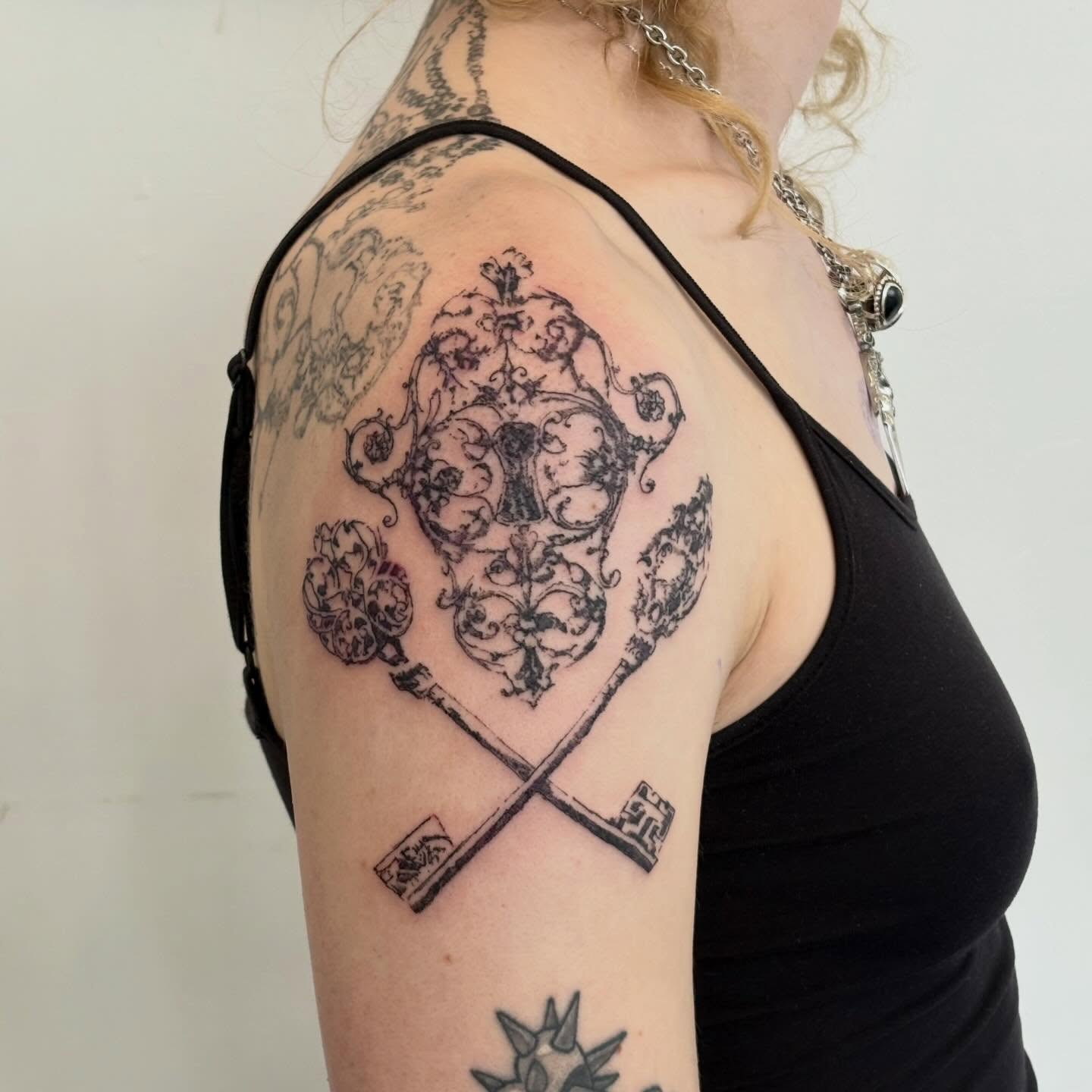 Crossed keys black and grey tattoo on the shoulder by madeline