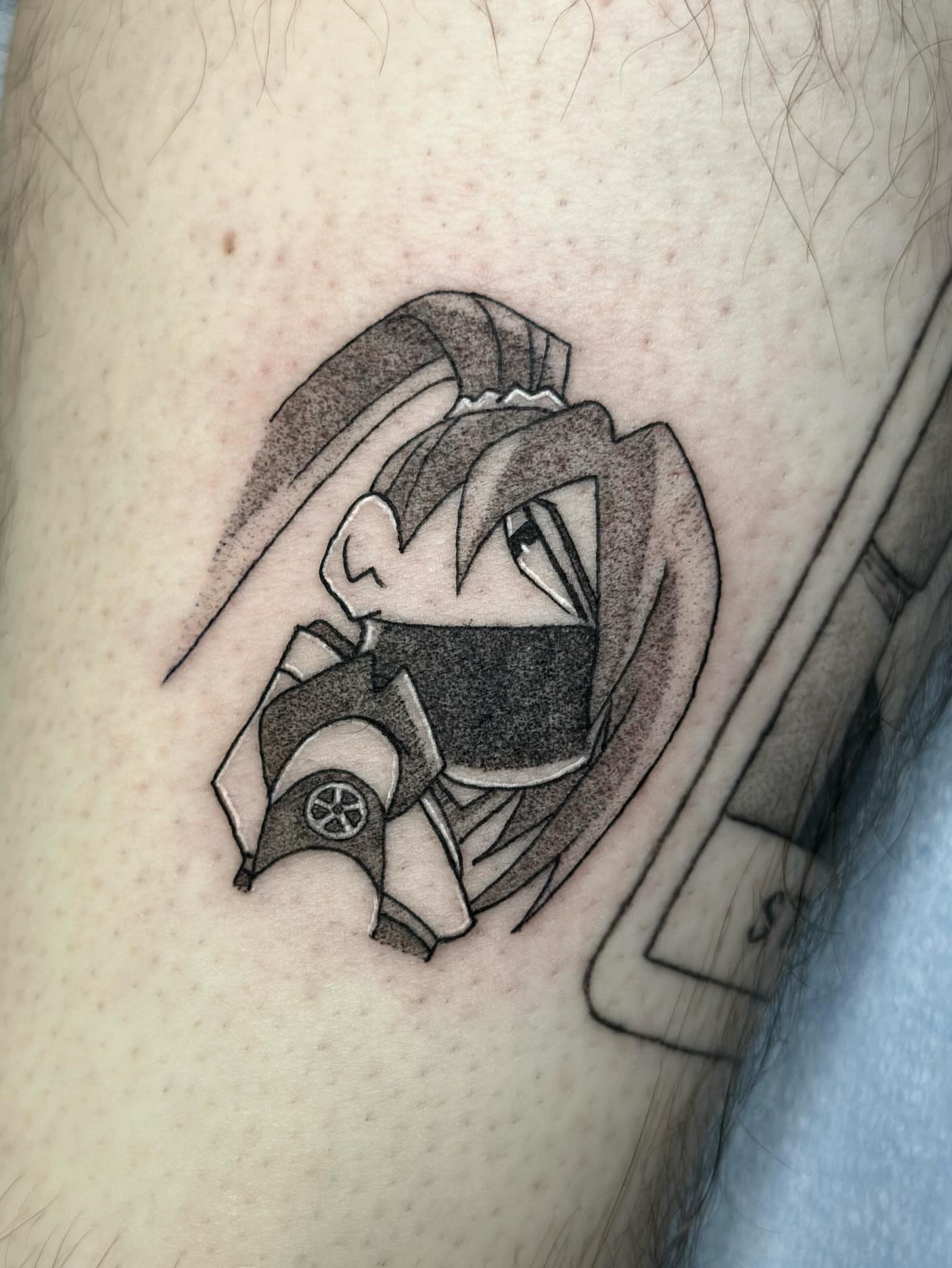 Tattoo by @kkimnida — anime, black_and_grey