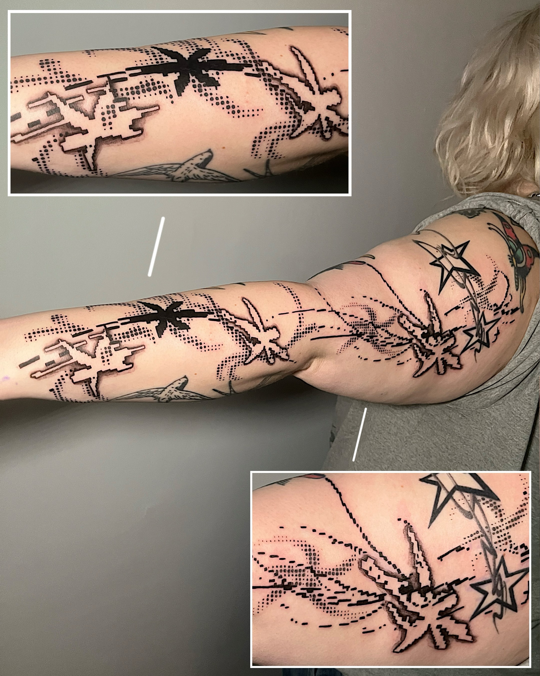 Airplanes and stars dotwork tattoo on the forearm by Azucena