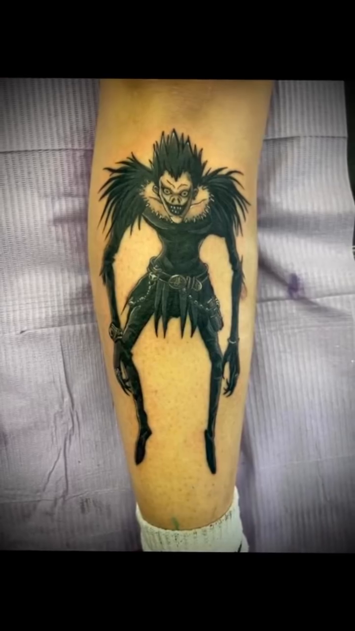 Ryuk from Death Note cyber sigilism tattoo on the leg by Christhian King