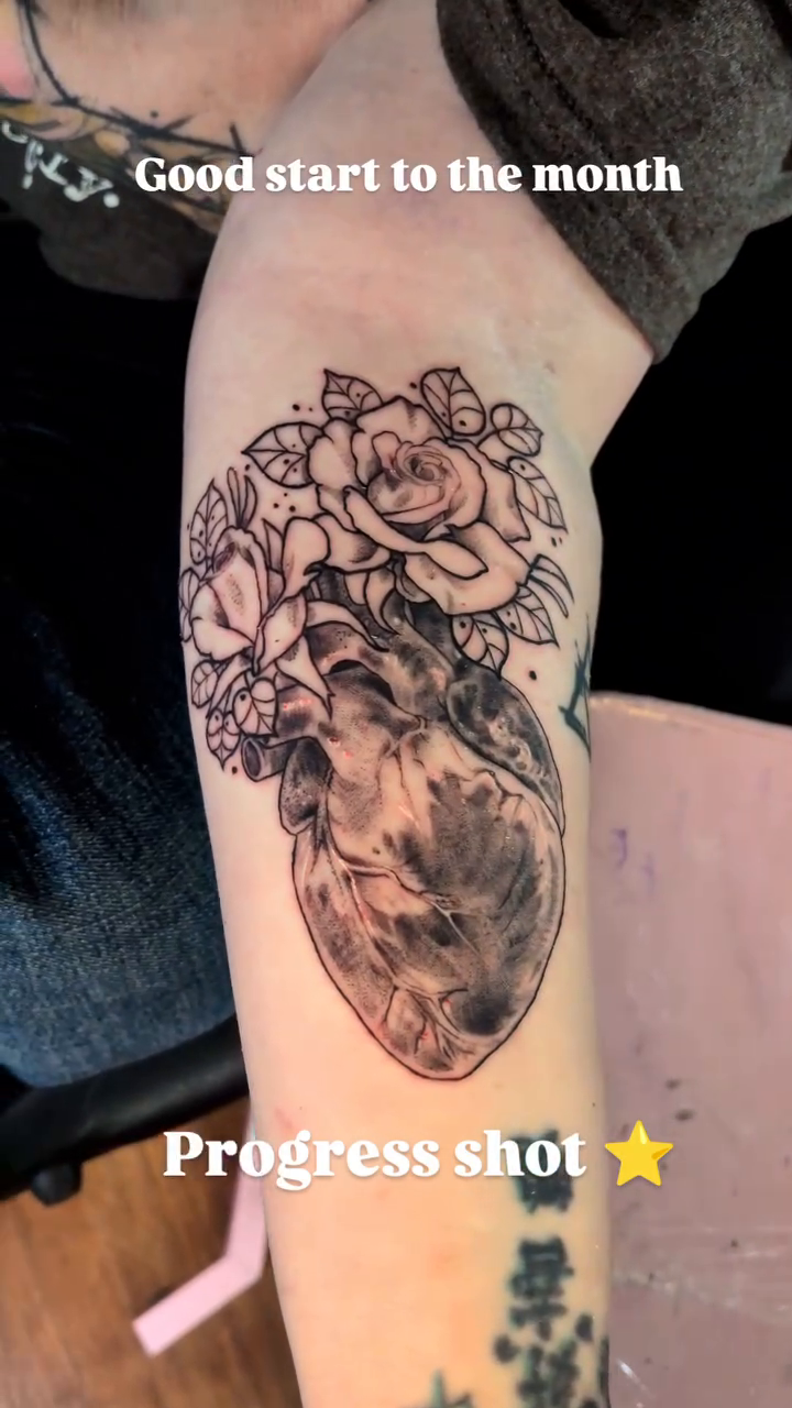 Anatomical heart with roses dotwork tattoo on the forearm by Shannon