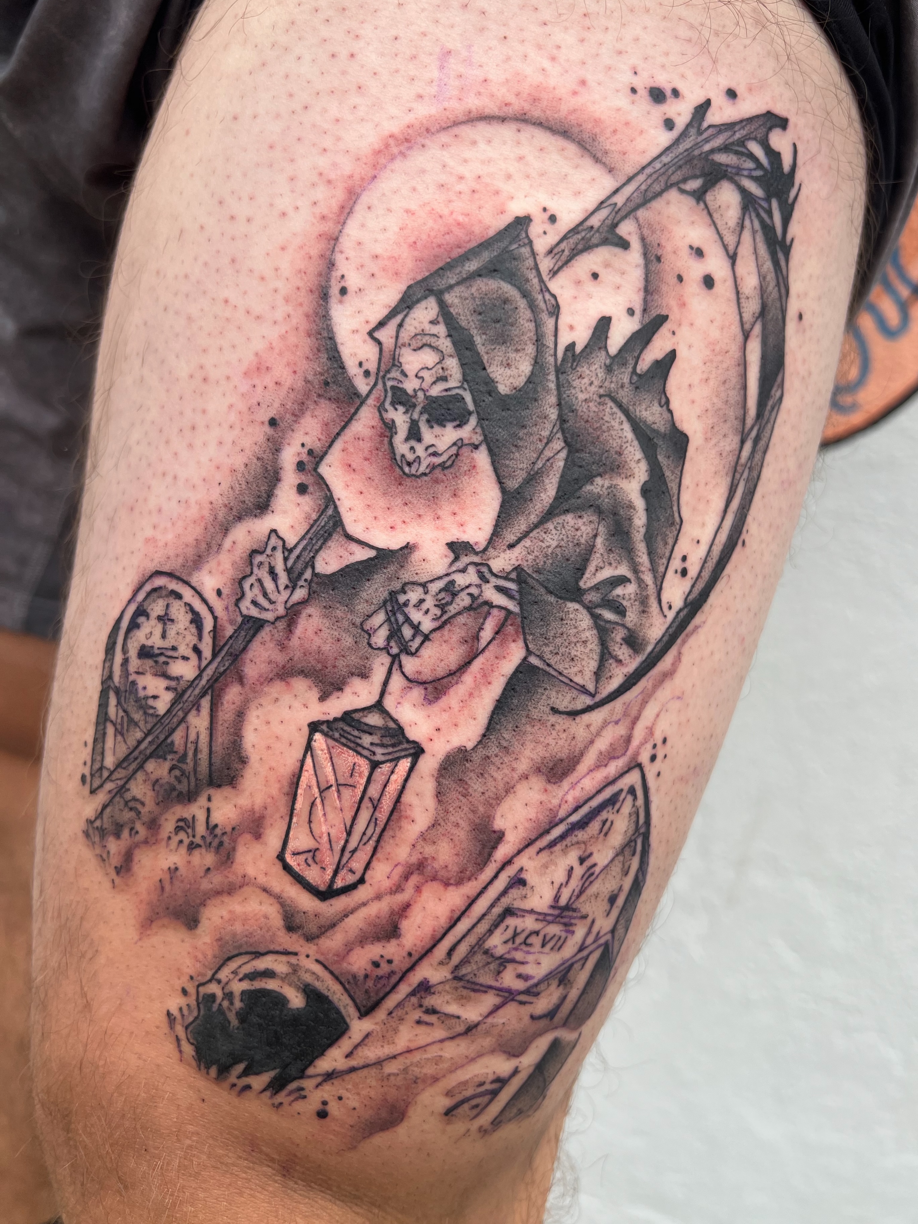 Grim reaper realism tattoo on the thigh by Owen Smith -OEOS- SF