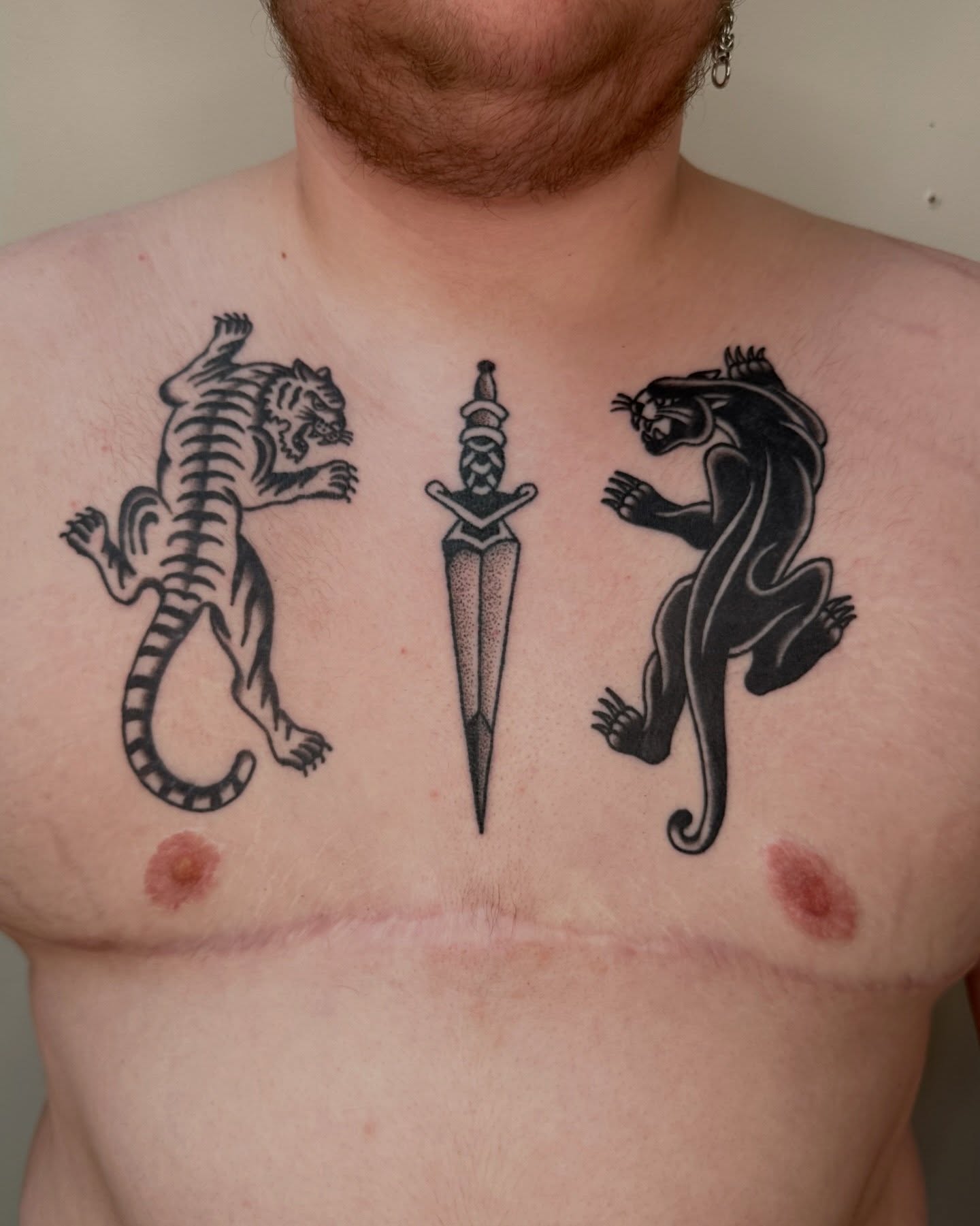 Tiger, dagger, panther black and grey tattoo on the chest by paulina