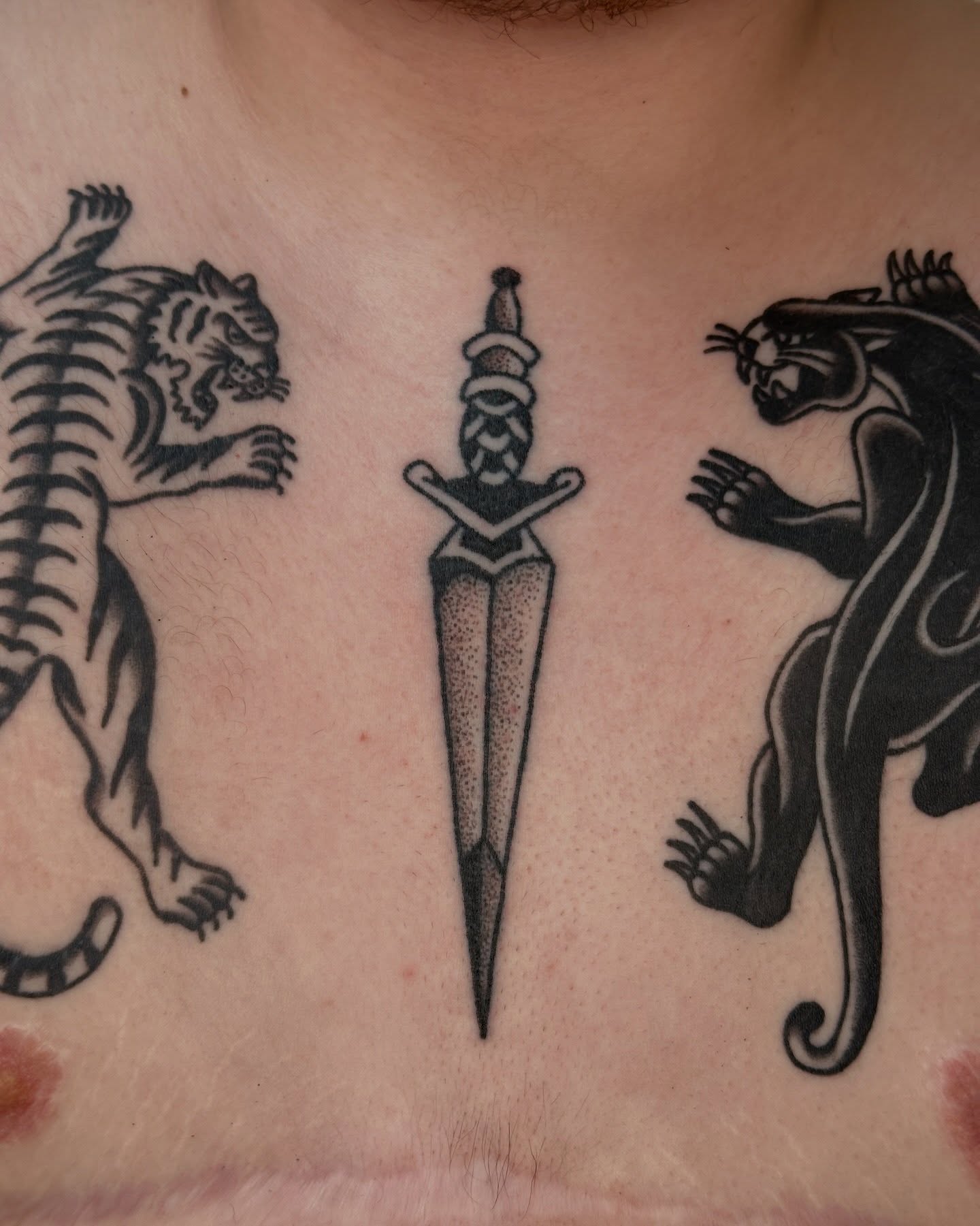 Tiger, dagger, panther dotwork tattoo on the chest by paulina
