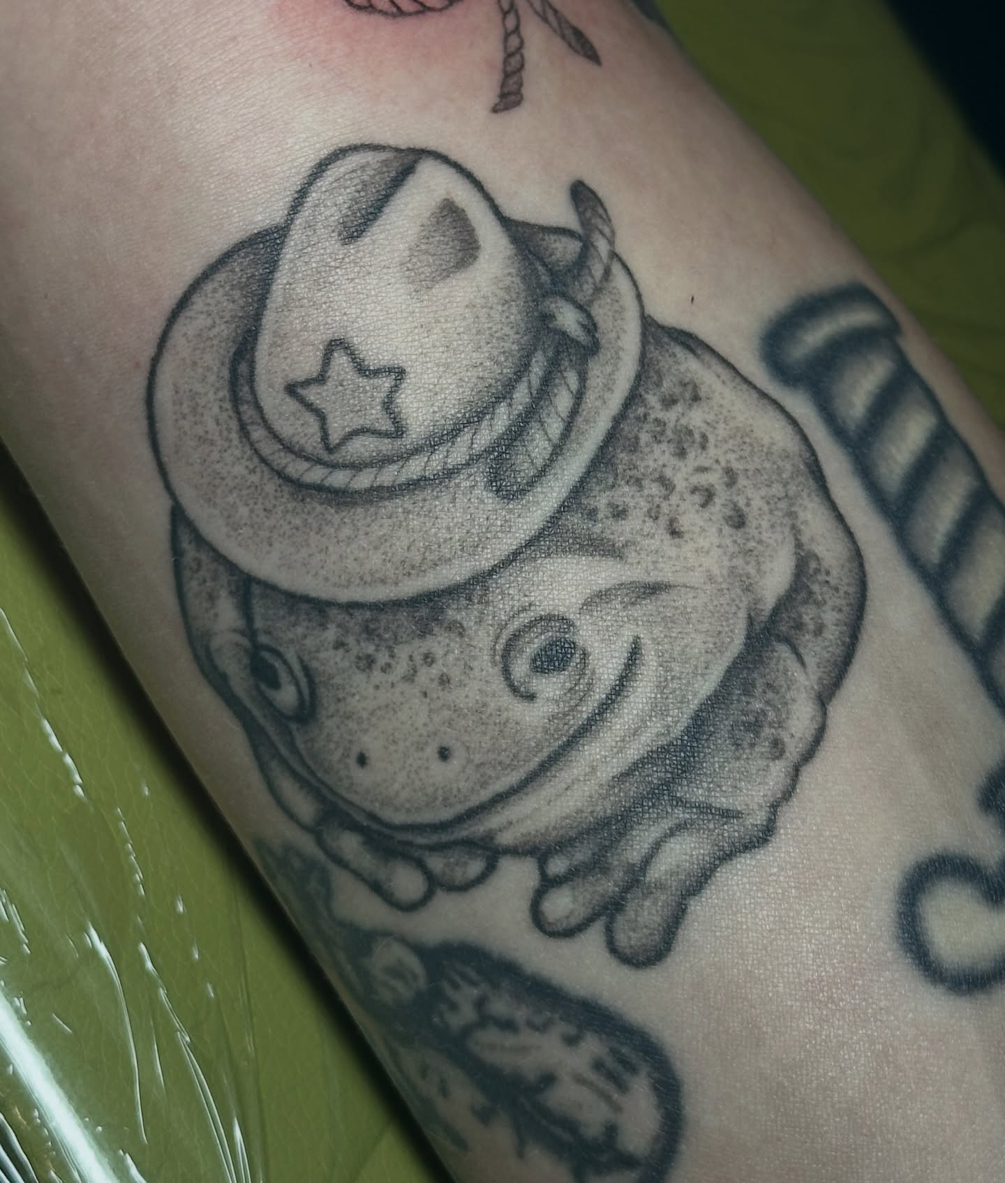 Frog wearing cowboy hat dotwork tattoo on the forearm by kennedy :) π±πΏ