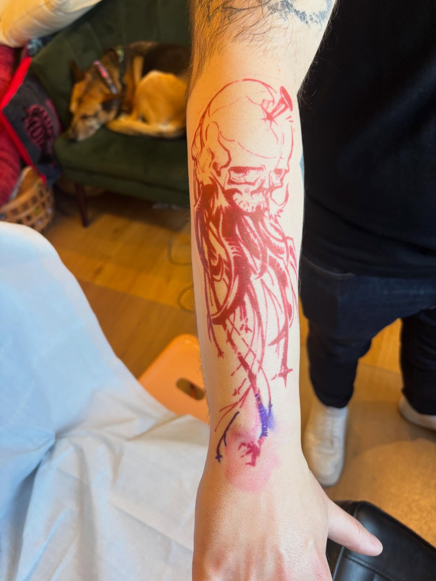 Bearded man dotwork tattoo on the forearm by Zoe Brookes