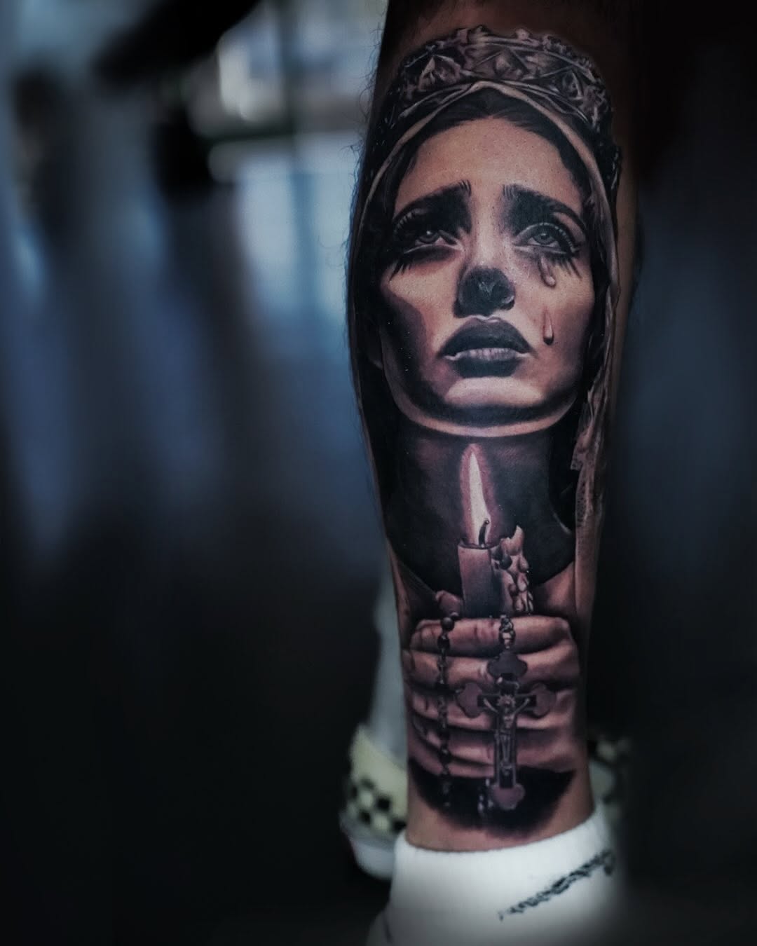 Woman with candle and rosary Chicano tattoo on the forearm by ✝️ Nicholas Fernandez ✝️