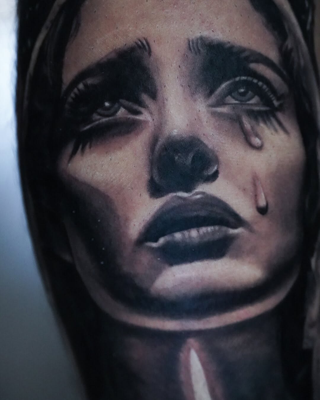 Crying woman's face Chicano tattoo by ✝️ Nicholas Fernandez ✝️