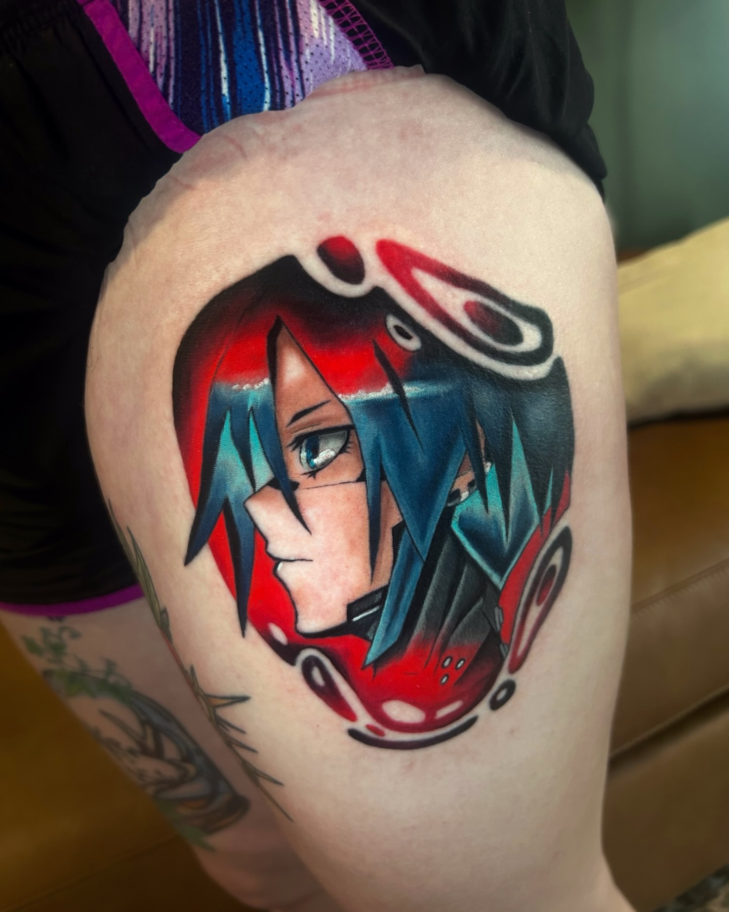 Anime character anime tattoo on the thigh by Zephyr
