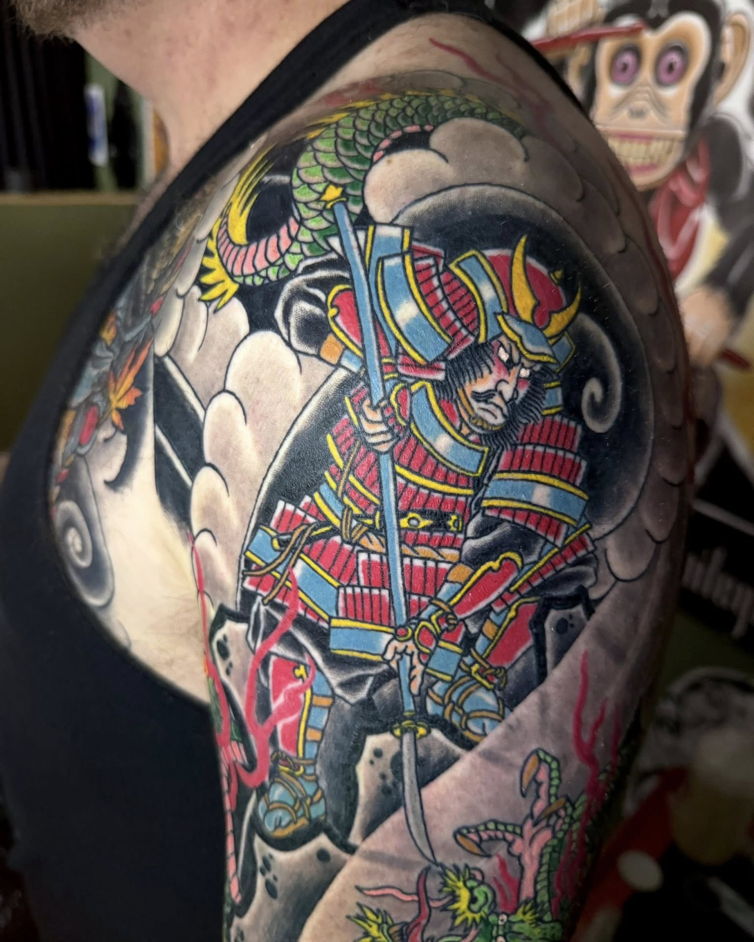 Samurai warrior American traditional tattoo on the shoulder by Corey Bailey, Stanton, Kentucky