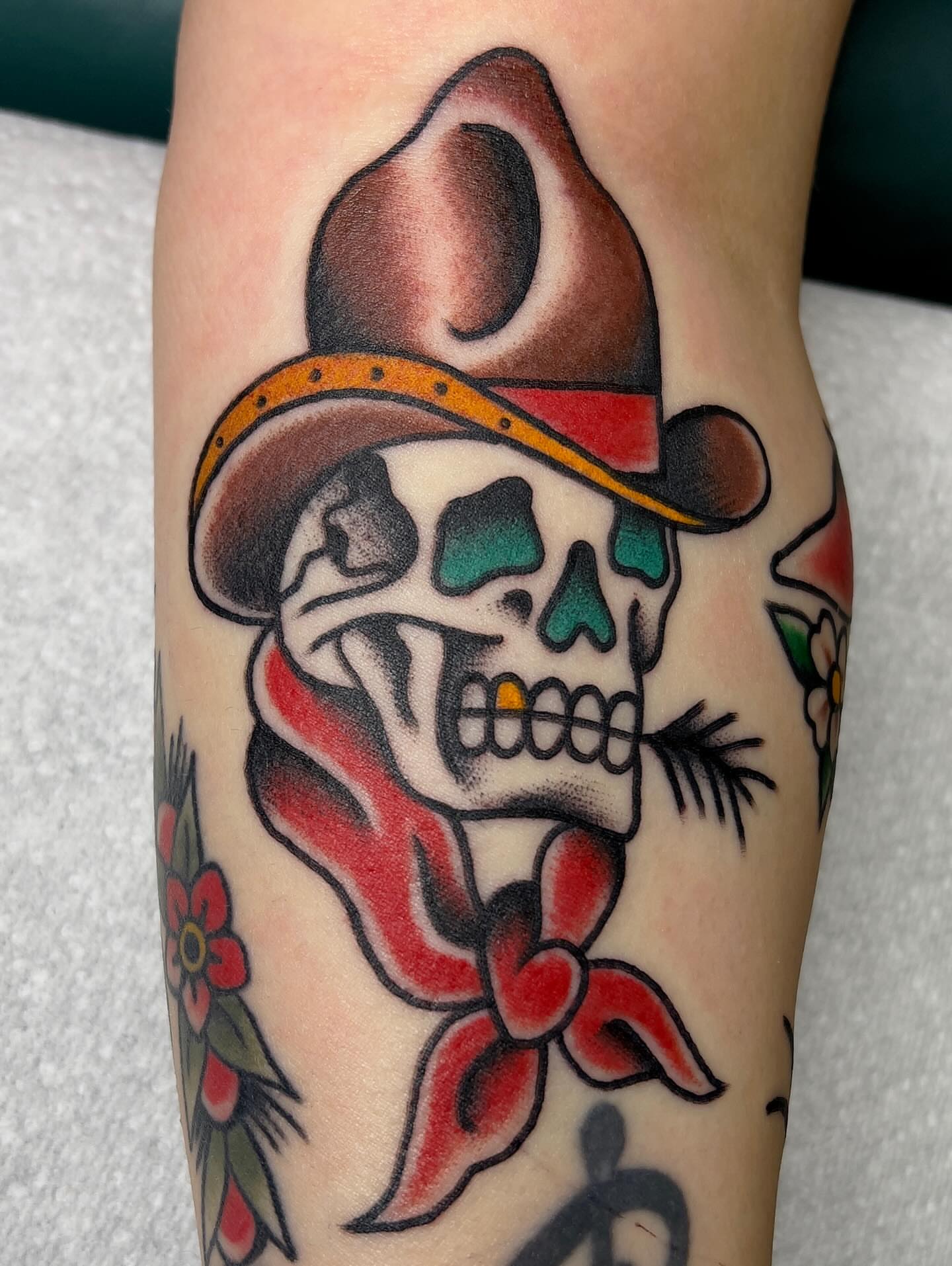 Skull wearing sombrero American traditional tattoo on the forearm by ReadyFreddie_tattoo