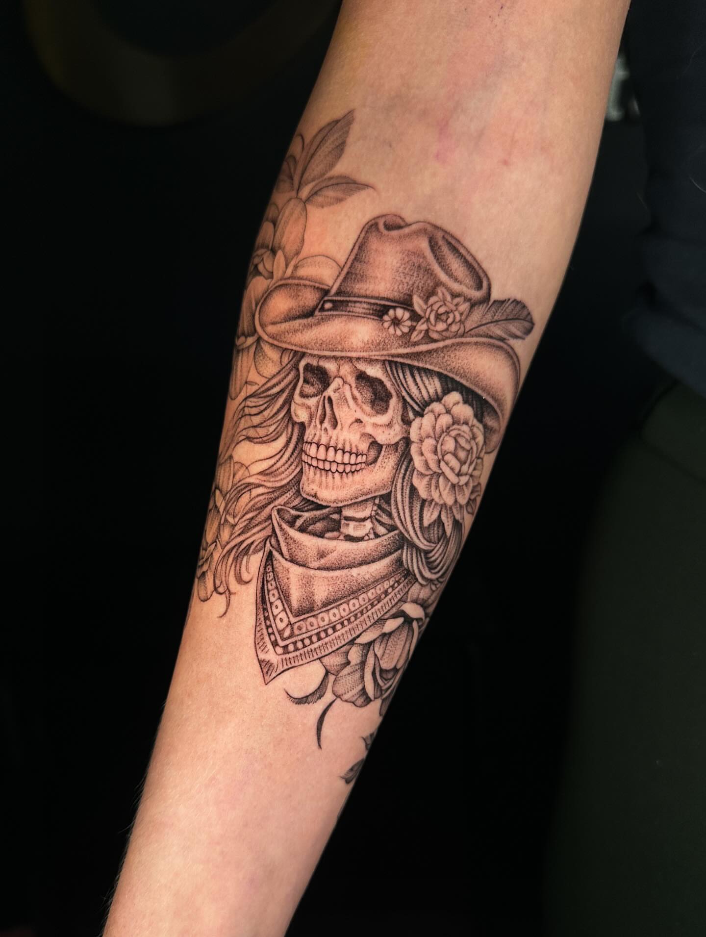Skull wearing hat realism tattoo on the forearm by Jhonny David lay