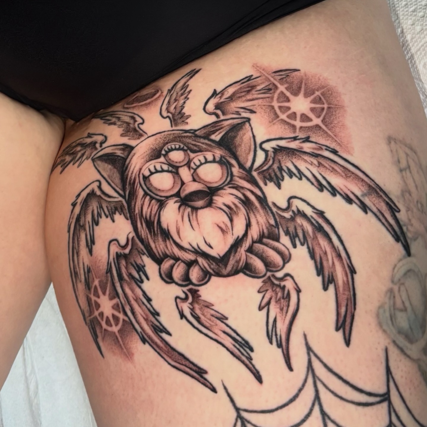 Owl American traditional tattoo on the thigh by aleah 🌙