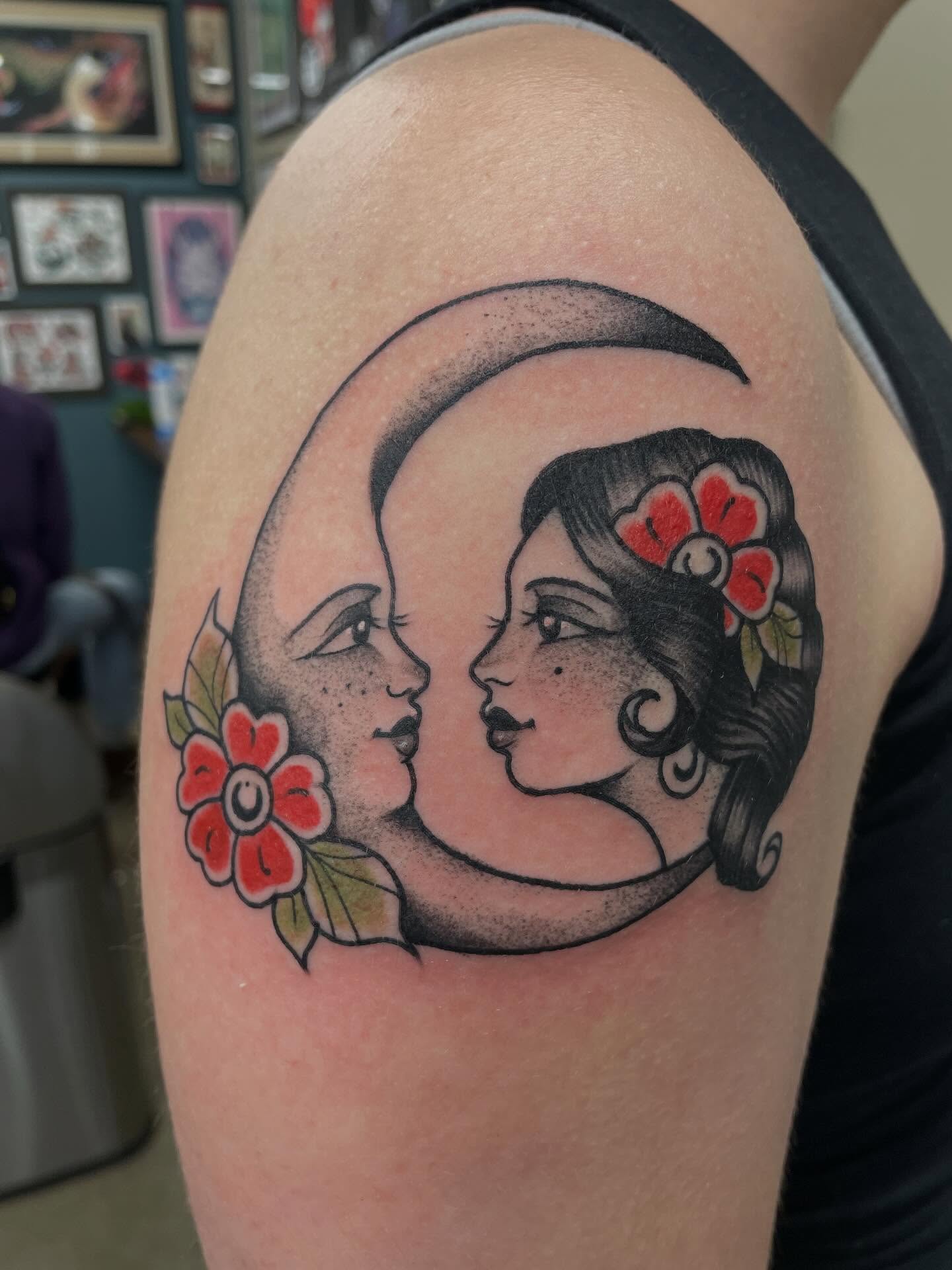 Moon and woman American traditional tattoo on the shoulder by Fionna Fanning