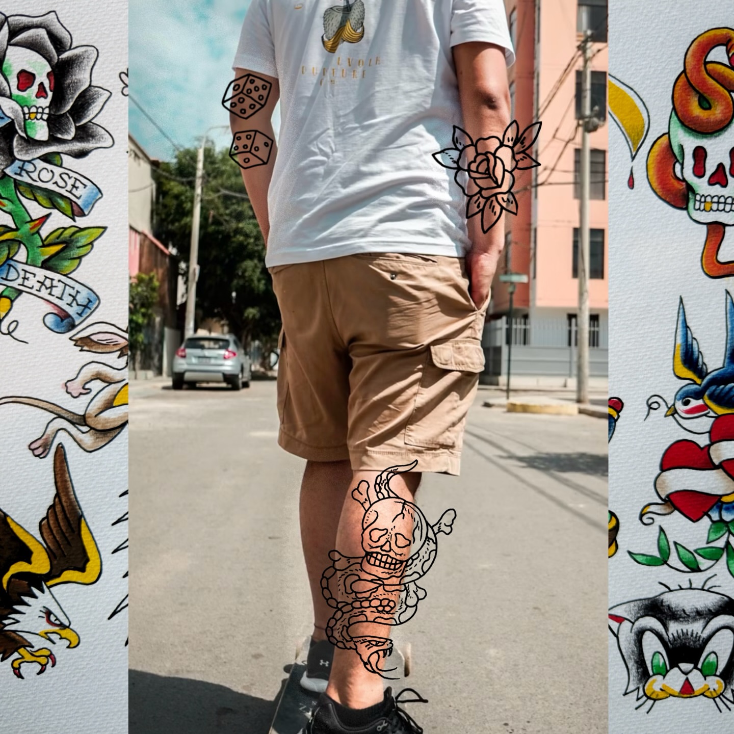 Skull and roses American traditional tattoo on the leg by Adam Lunoe, Seattle, Washington