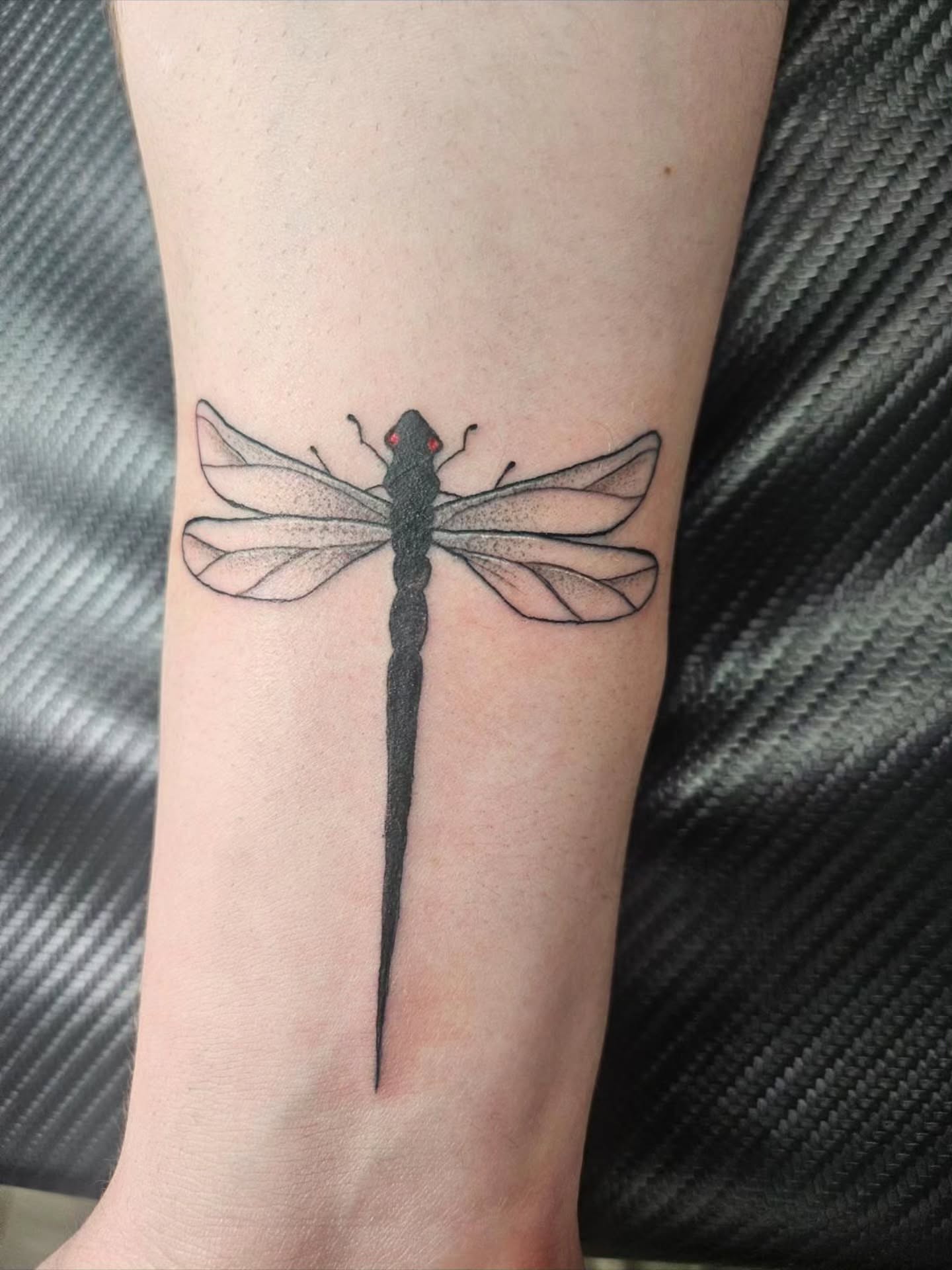 Dragonfly dotwork tattoo on the forearm by ݁˖