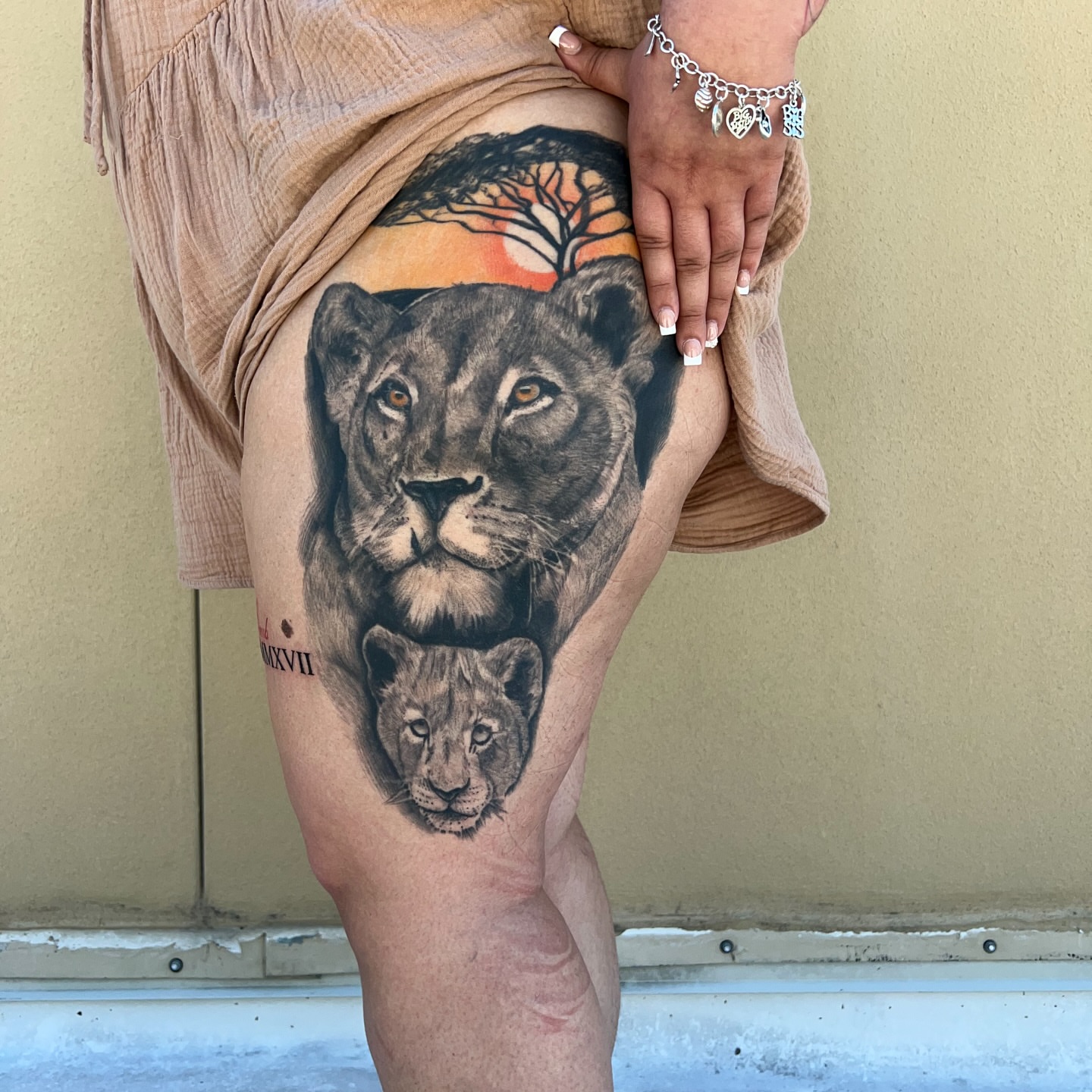 Lionesses realism tattoo on the thigh by syiko ☆ 。・:*˚:✧。, Austin, Texas