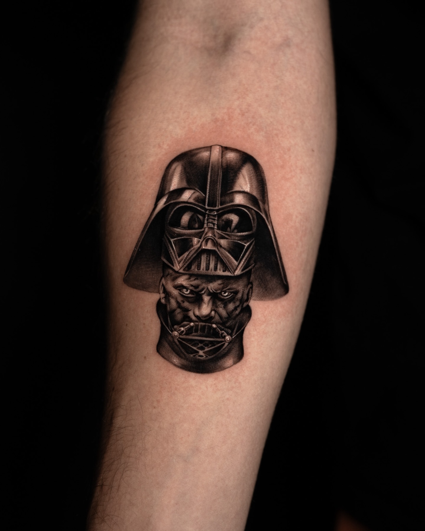 Darth vader helmet black and grey tattoo on the forearm by Tattoo Artist
