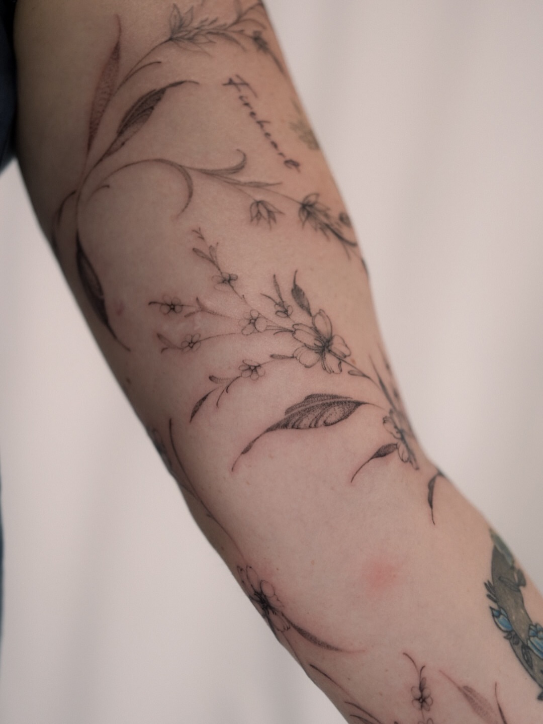 Floral design black and grey tattoo on the forearm by Joy, Gold Coast, Queensland