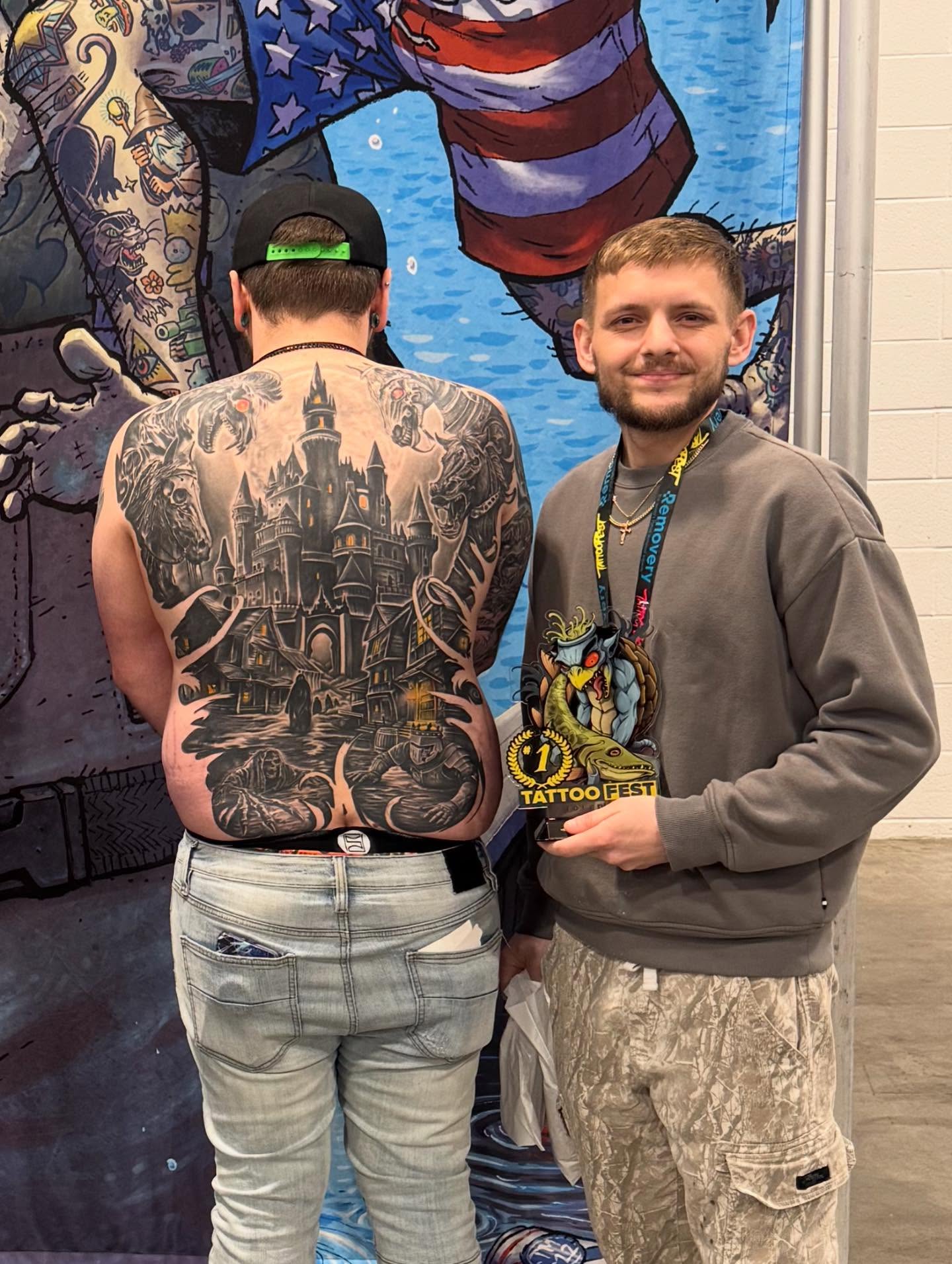 Castle realism tattoo on the back by Shawn Skale