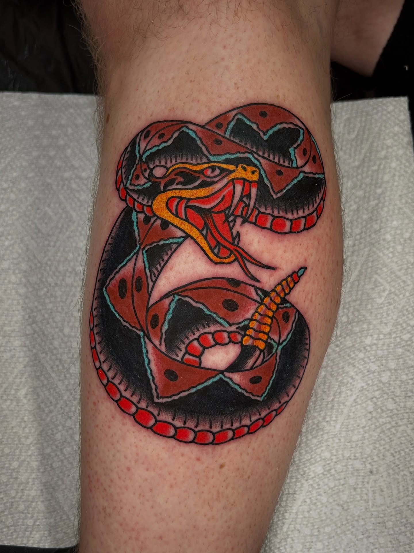 Snake American traditional tattoo on the forearm by Kit Miller, Indianapolis, Indiana