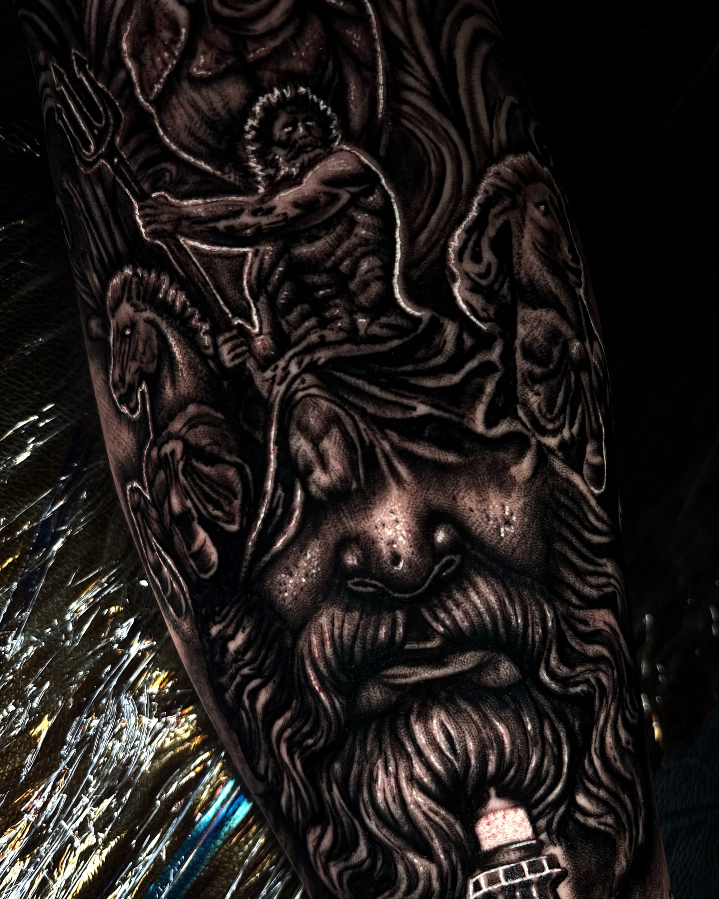 Bearded man riding horse realism tattoo on the forearm by Trev