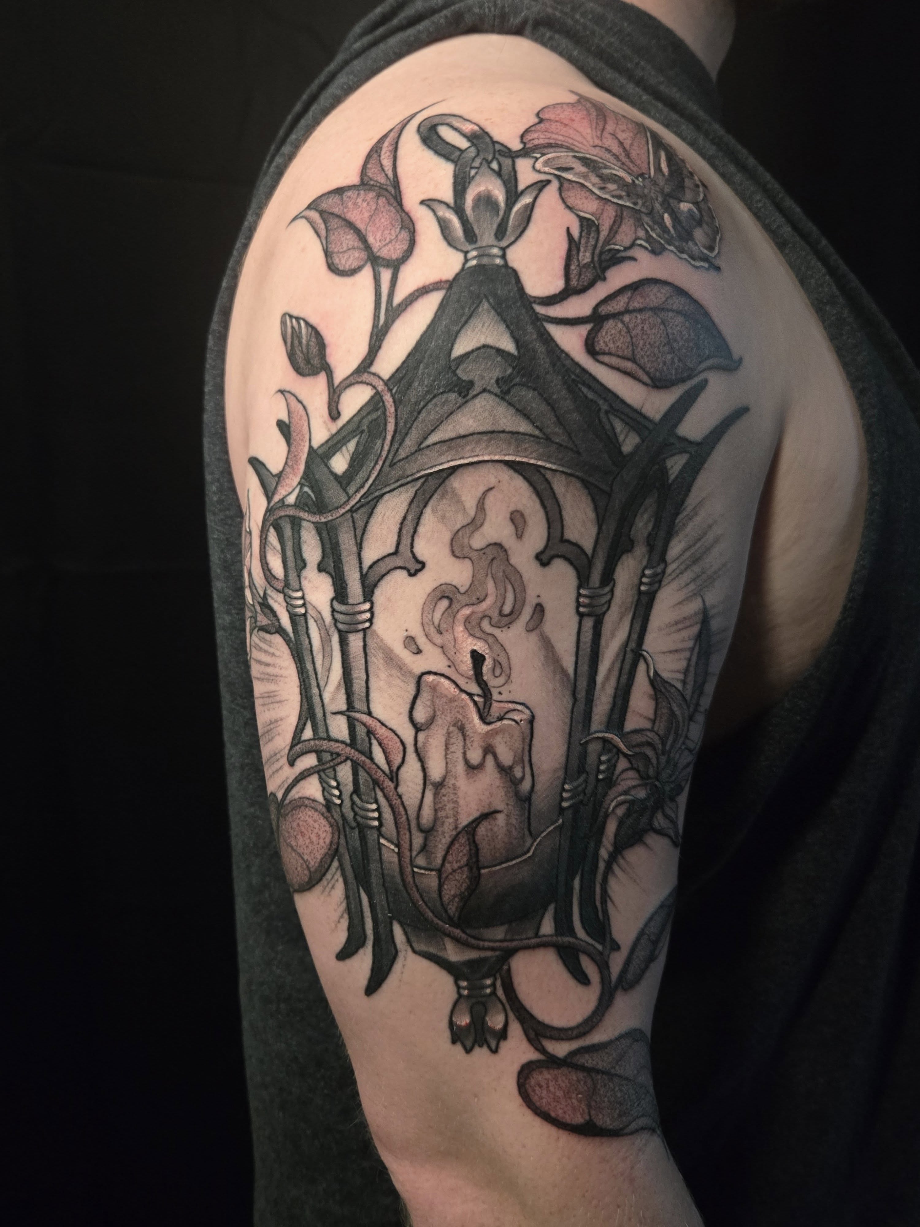 Candle and cage dark realism tattoo on the shoulder by ◇  Kristyn Kay  ◇ Tattoo Warlock, Des Moines, Iowa