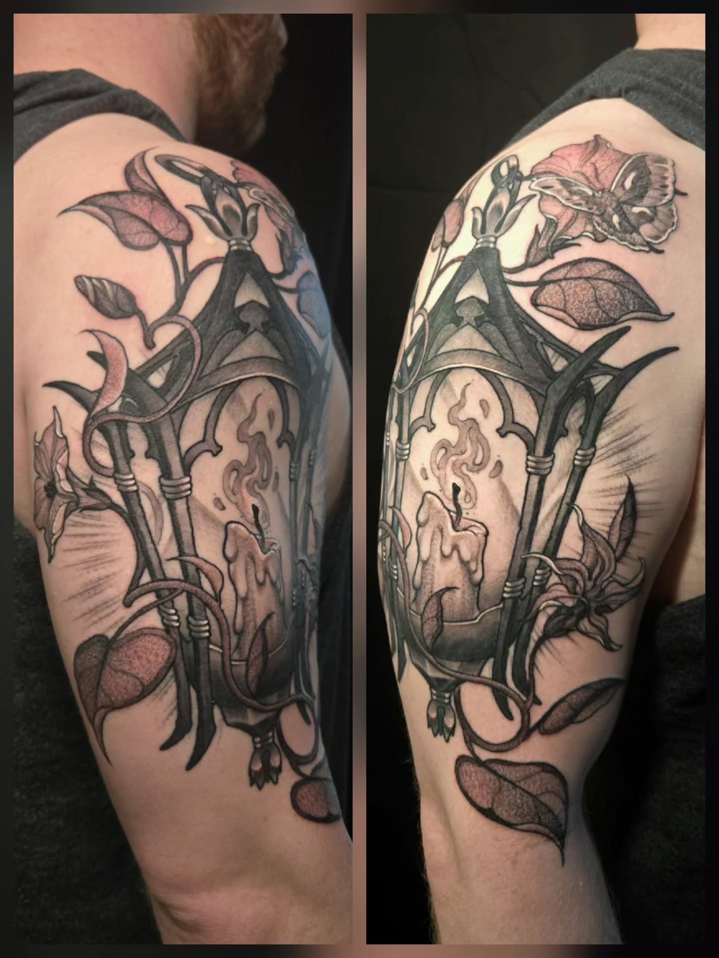 Candle and floral arrangement realism tattoo on the shoulder by ◇  Kristyn Kay  ◇ Tattoo Warlock, Des Moines, Iowa
