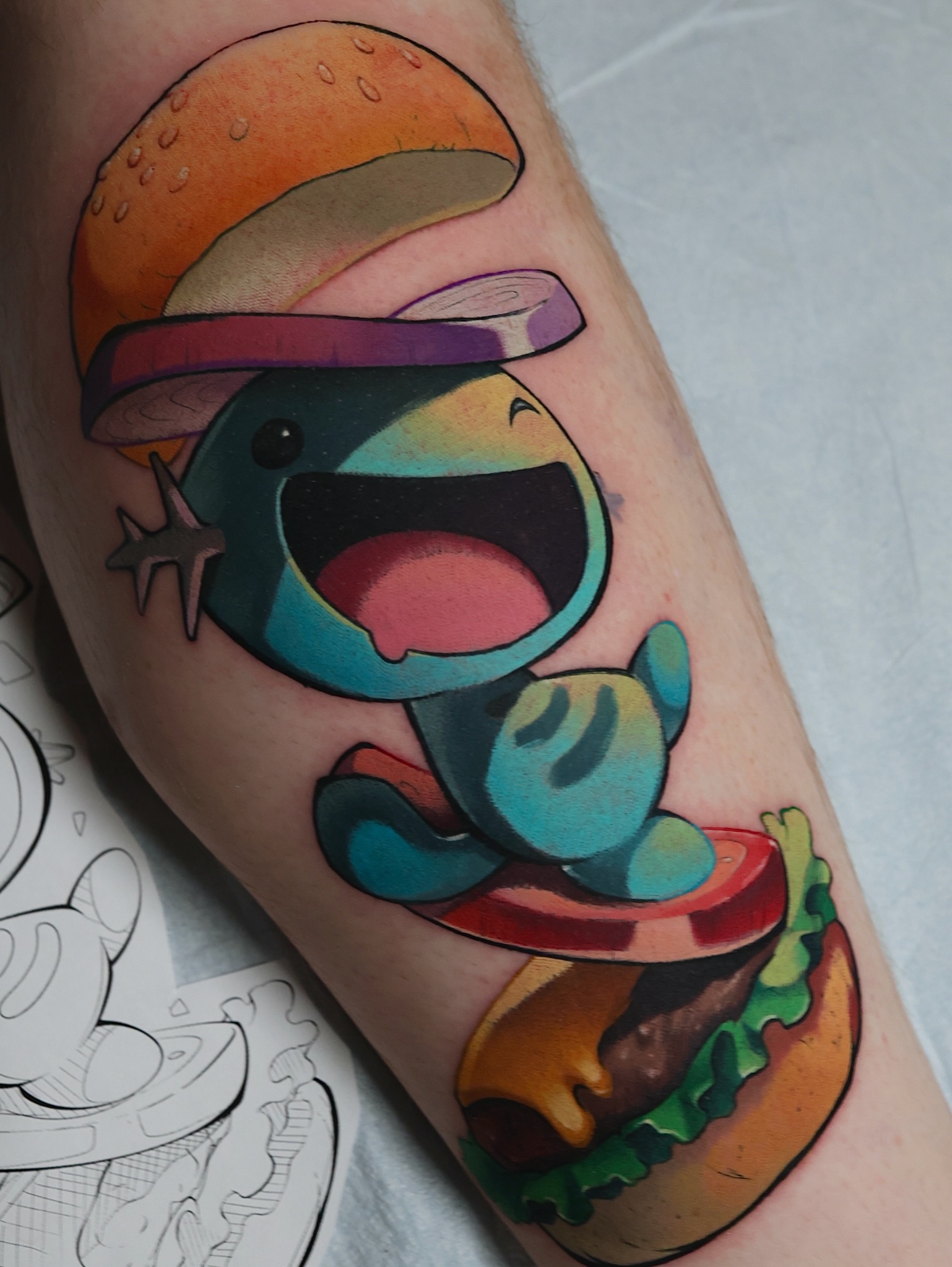 Hamburger new school tattoo on the forearm by Bee Rye