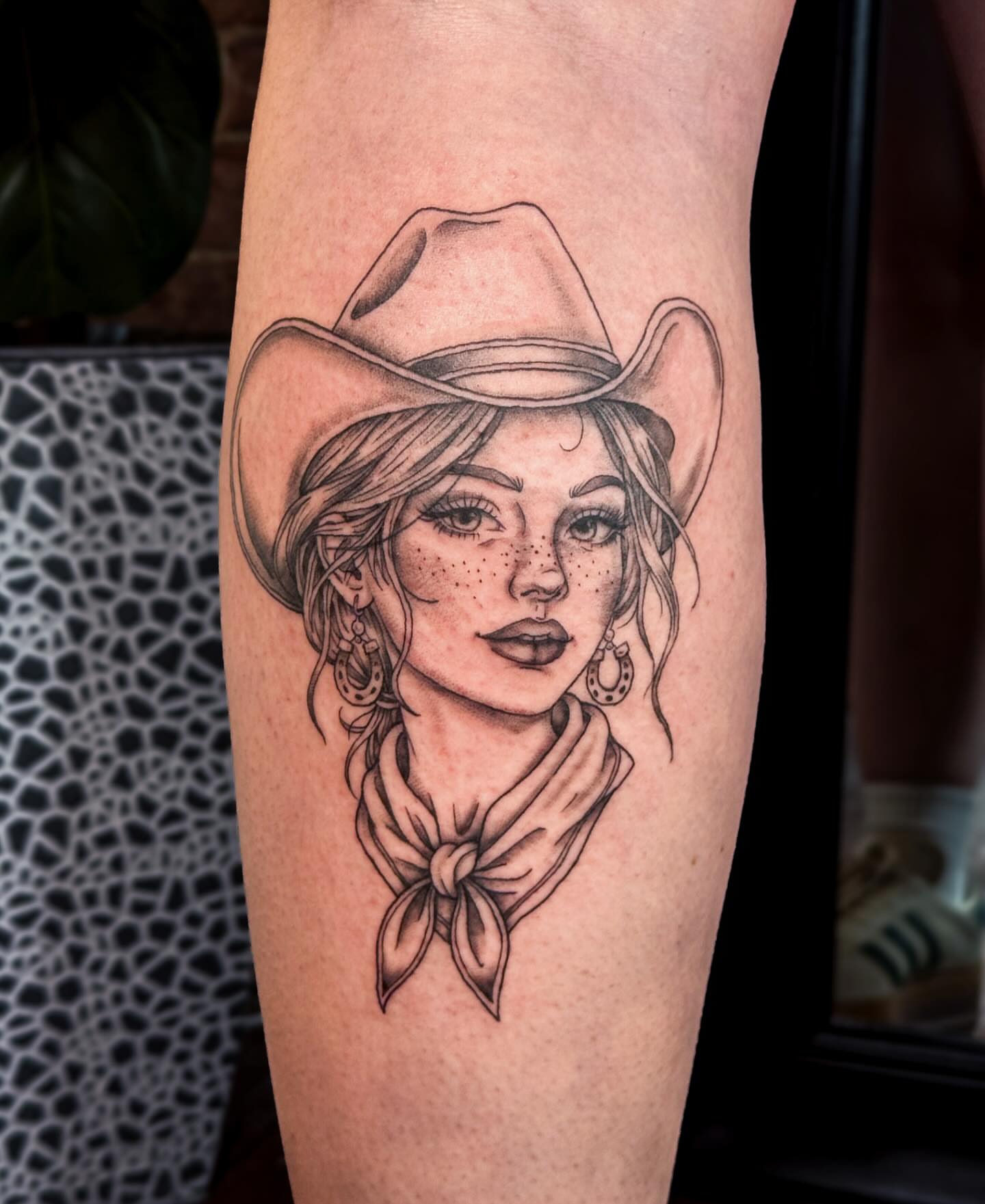 Cowgirl portrait realism tattoo on the forearm by Ash✨