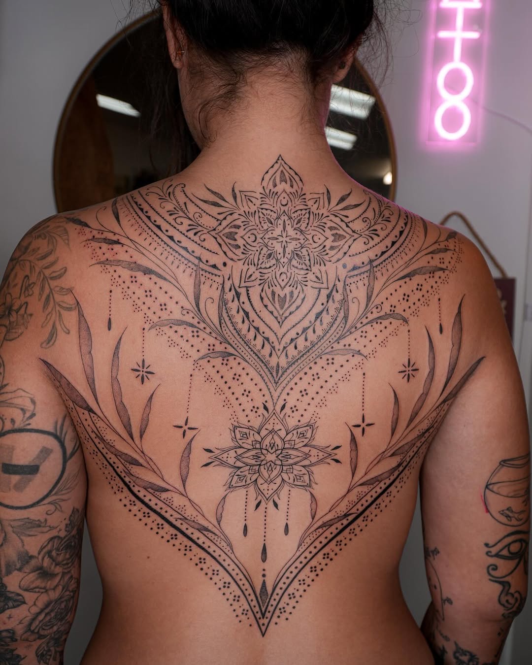 Ornamental mandala and floral design tribal tattoo on the back by Pandora ✨ Floral, Los Angeles, California