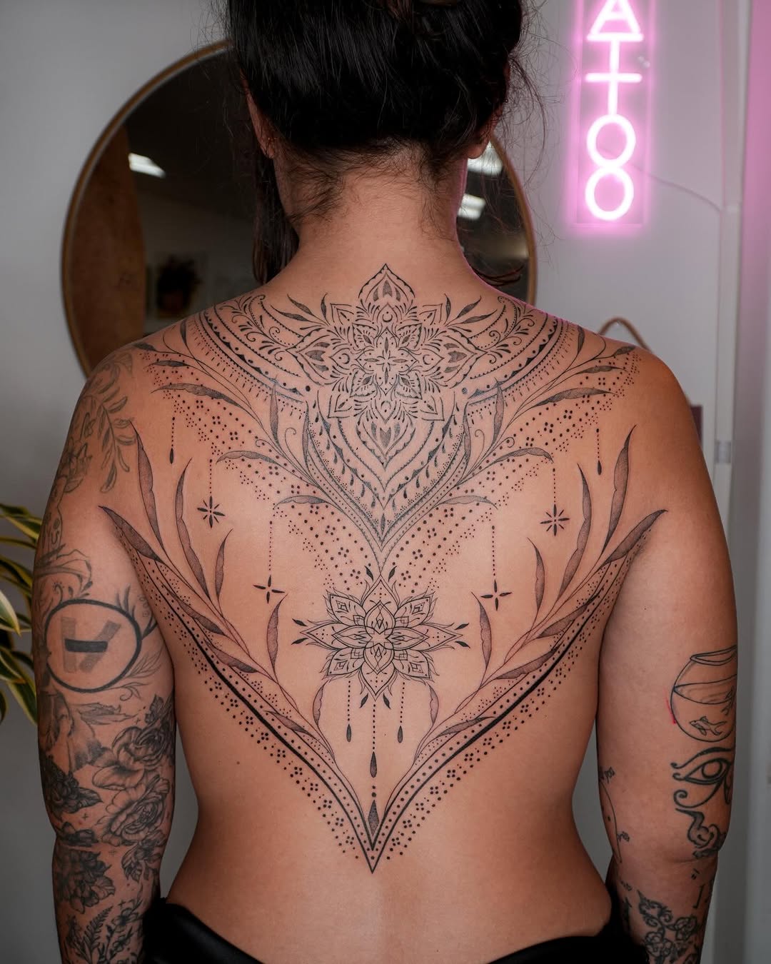 Ornamental mandala with floral elements tribal tattoo on the back by Pandora ✨ Floral, Los Angeles, California
