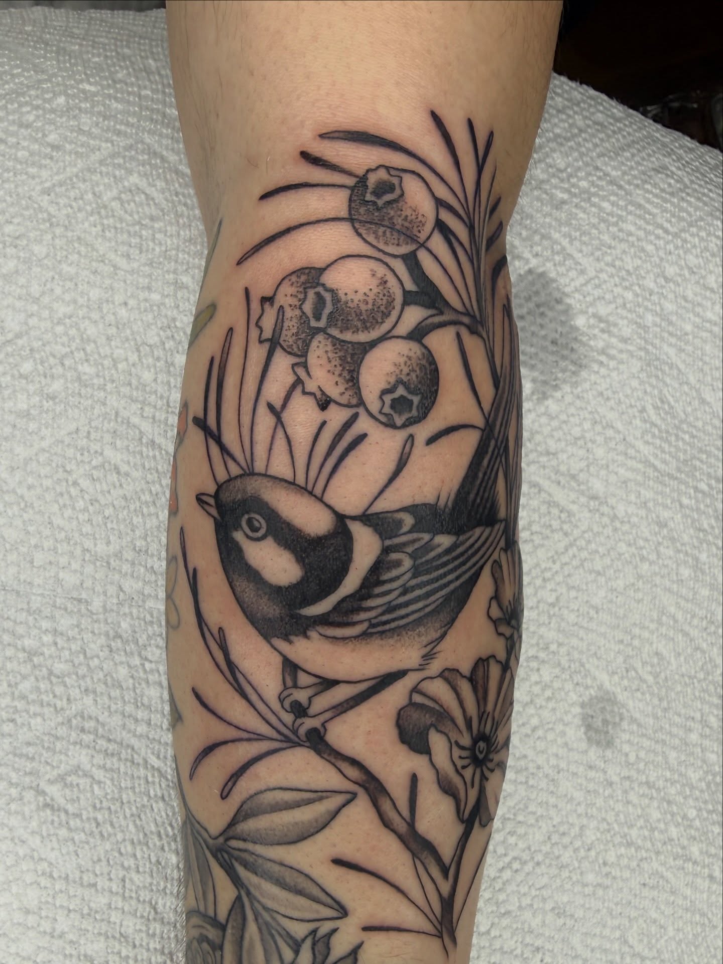 Bird and berries black and grey tattoo on the forearm by @chrisskon, Carpentersville, Illinois