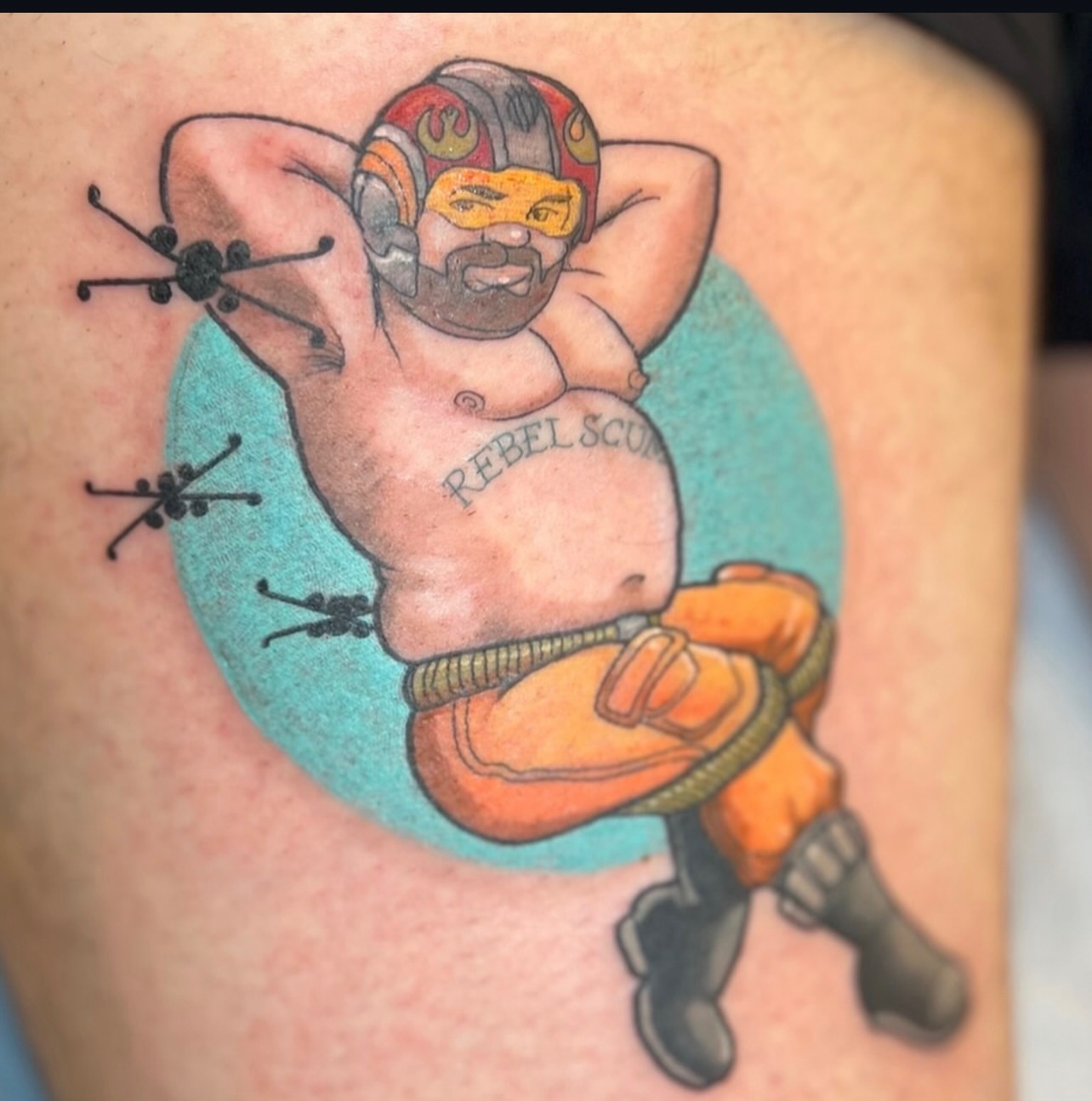 Fat rebel pilot new school tattoo on the thigh by Alex Santaloci