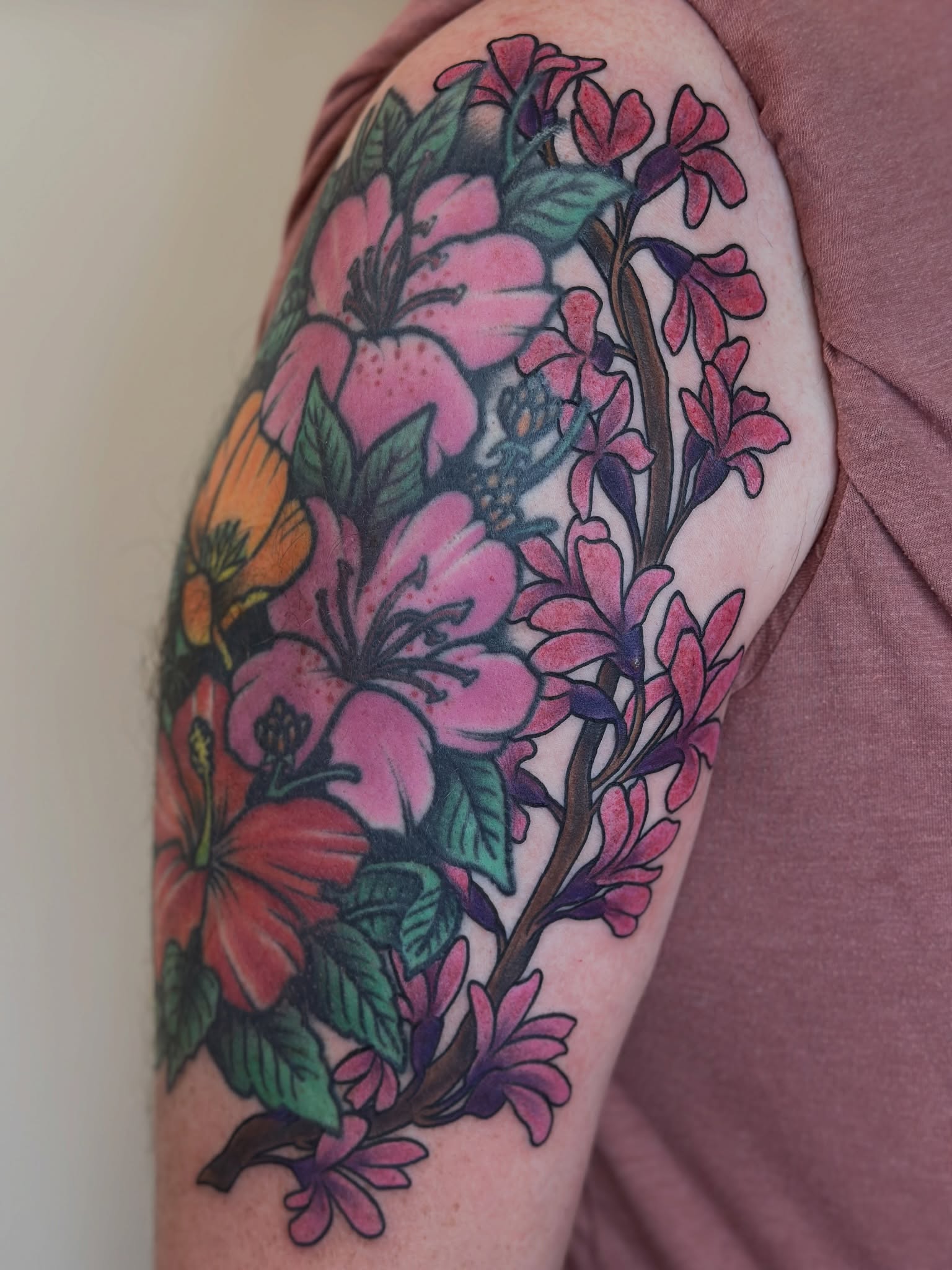 Floral bouquet new school tattoo on the upper arm by Gabrielle Brodman 🎀 Raleigh-Durham Tattoo