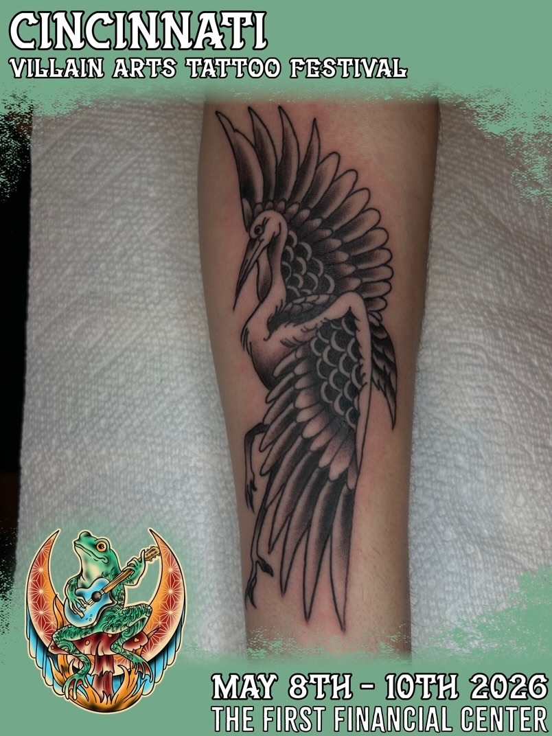 Heron American traditional tattoo on the forearm by Casey Lewis - Tattoo Artist, Cleveland Ohio