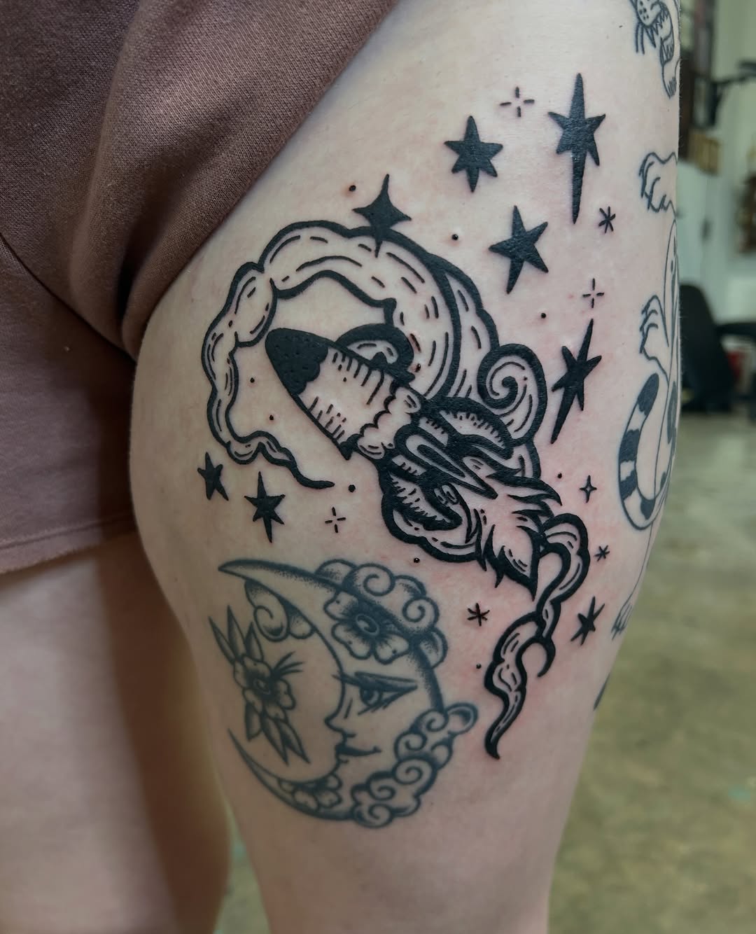 Rocket and moon fine line tattoo on the thigh by ❆ minneapolis tattoo artist ❆
