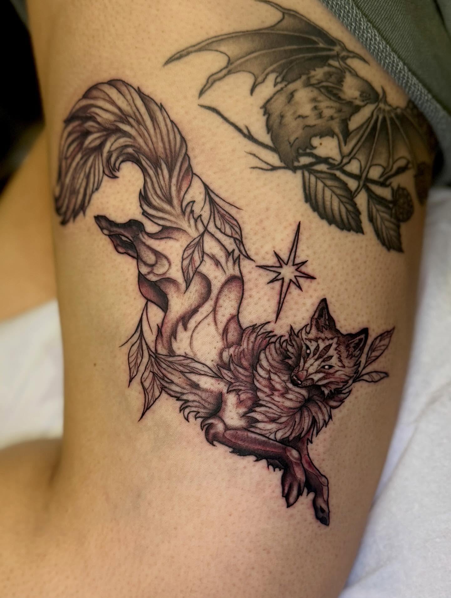 Fox and dragon realism tattoo on the thigh by πβ¨ππ₯π’π©ππΆ β¨π