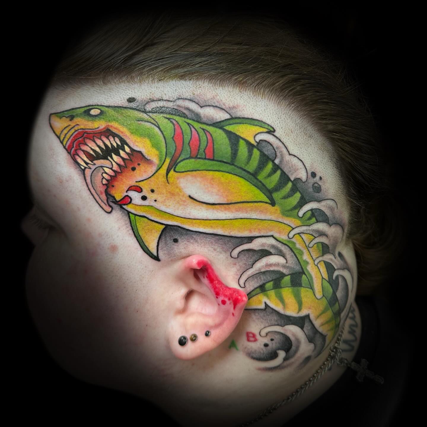 Shark American traditional tattoo on the head by Kelsea Weir McCree