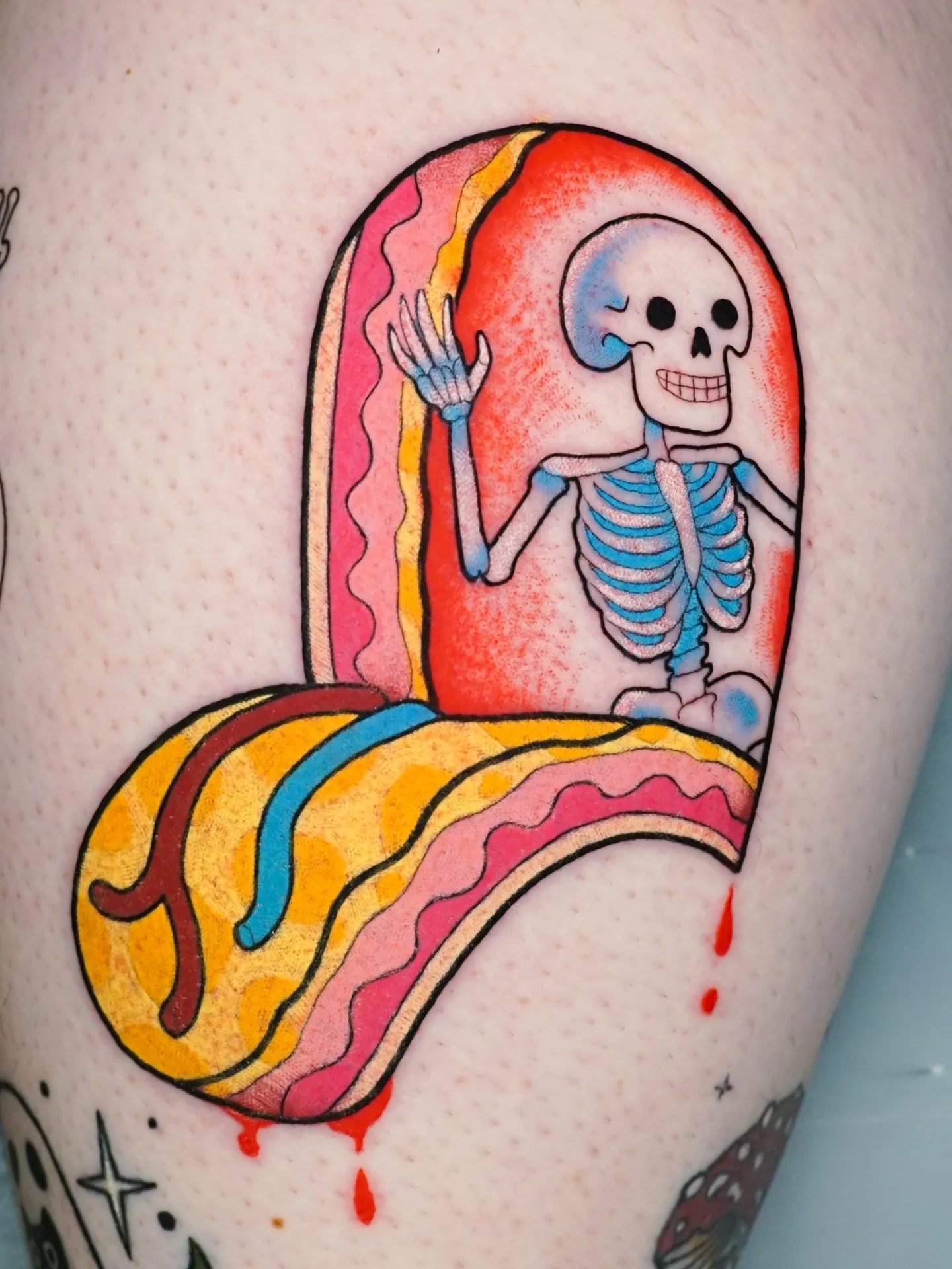 Skeleton in taco illustrative tattoo on the thigh by kylie, San Antonio, Texas