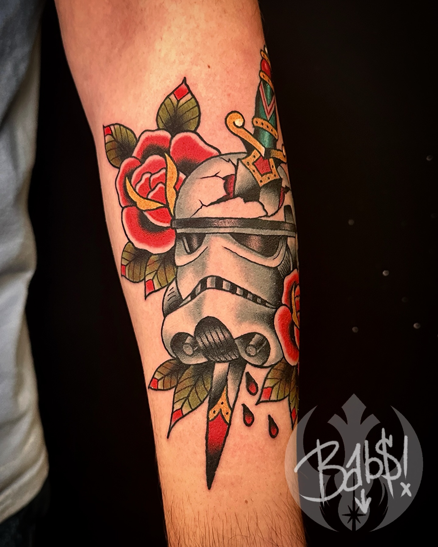 Stormtrooper helmet American traditional tattoo on the forearm by Justin B