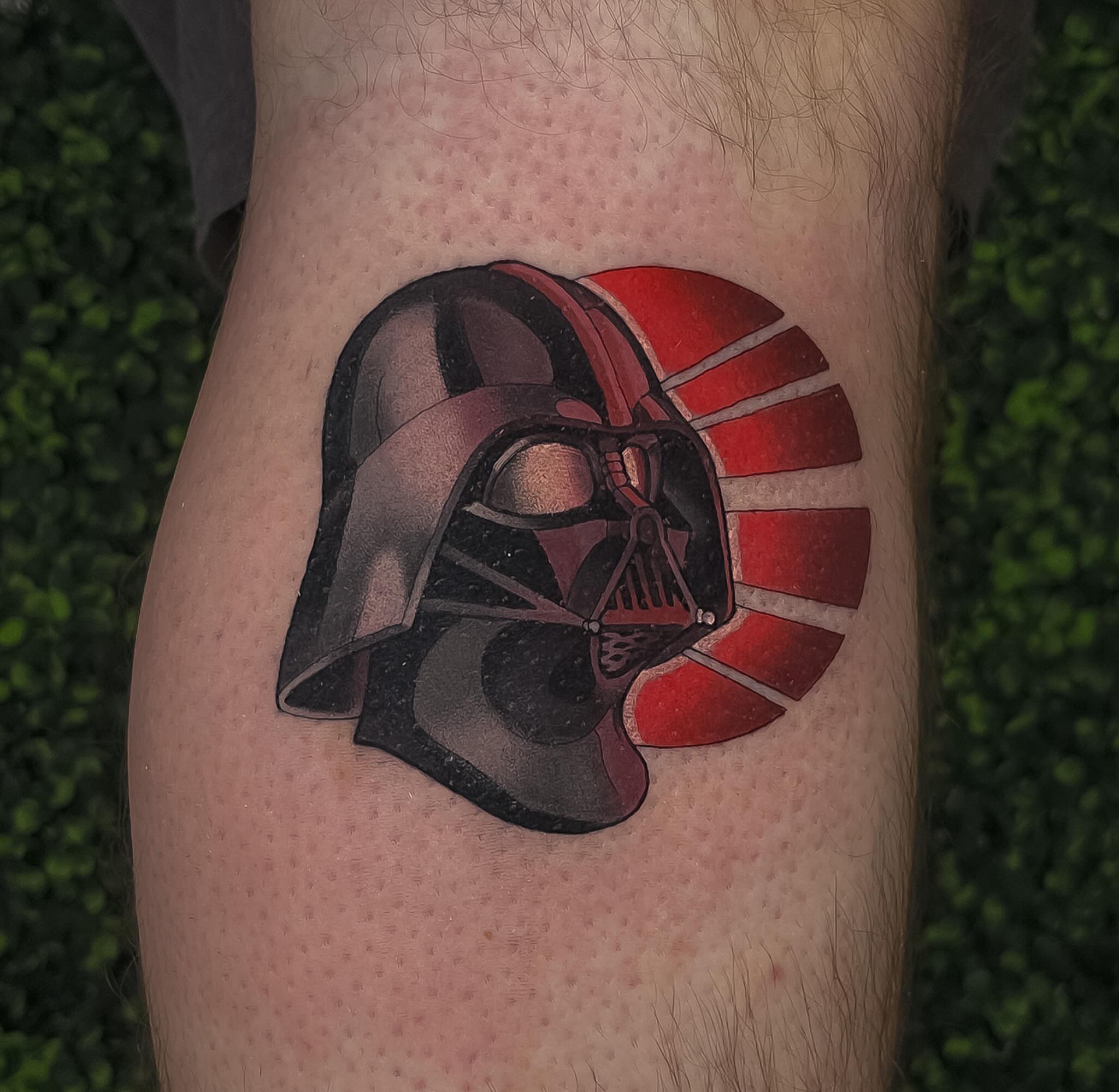 Darth vader helmet dark realism tattoo on the forearm by Nathan Thomas