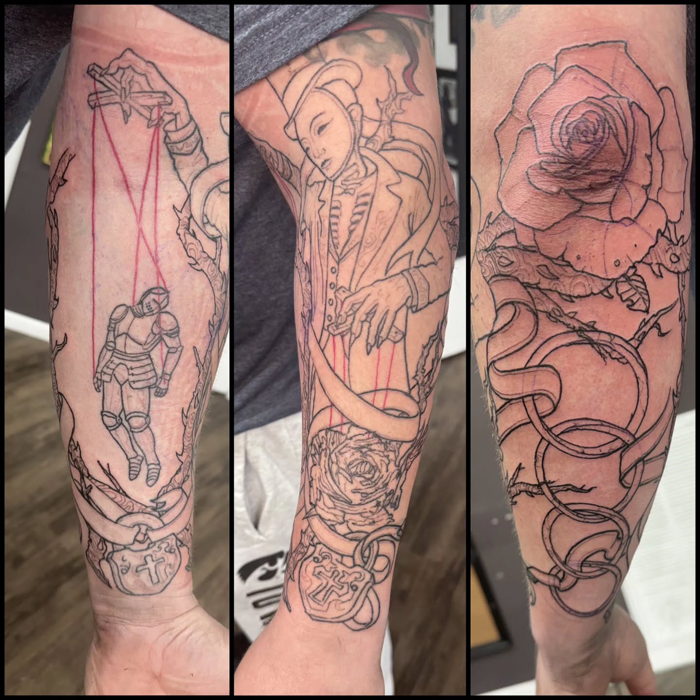 Marionette and man neo-traditional tattoo on the forearm by Matthew Todd Kremer