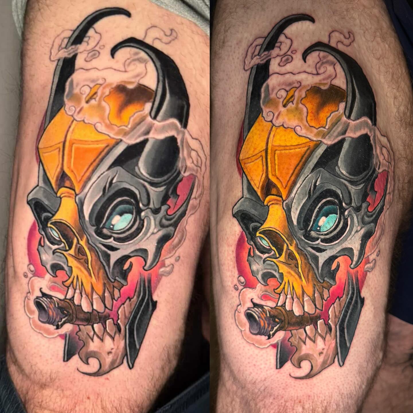 Cyborg skull dark realism tattoo on the thigh by Zoe "Z" Fisk
