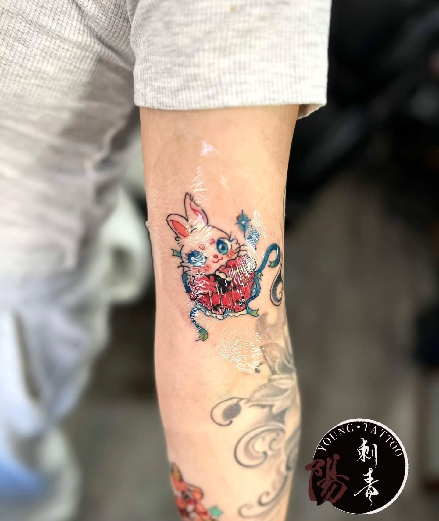 Fantasy creature dotwork tattoo on the forearm by Ying