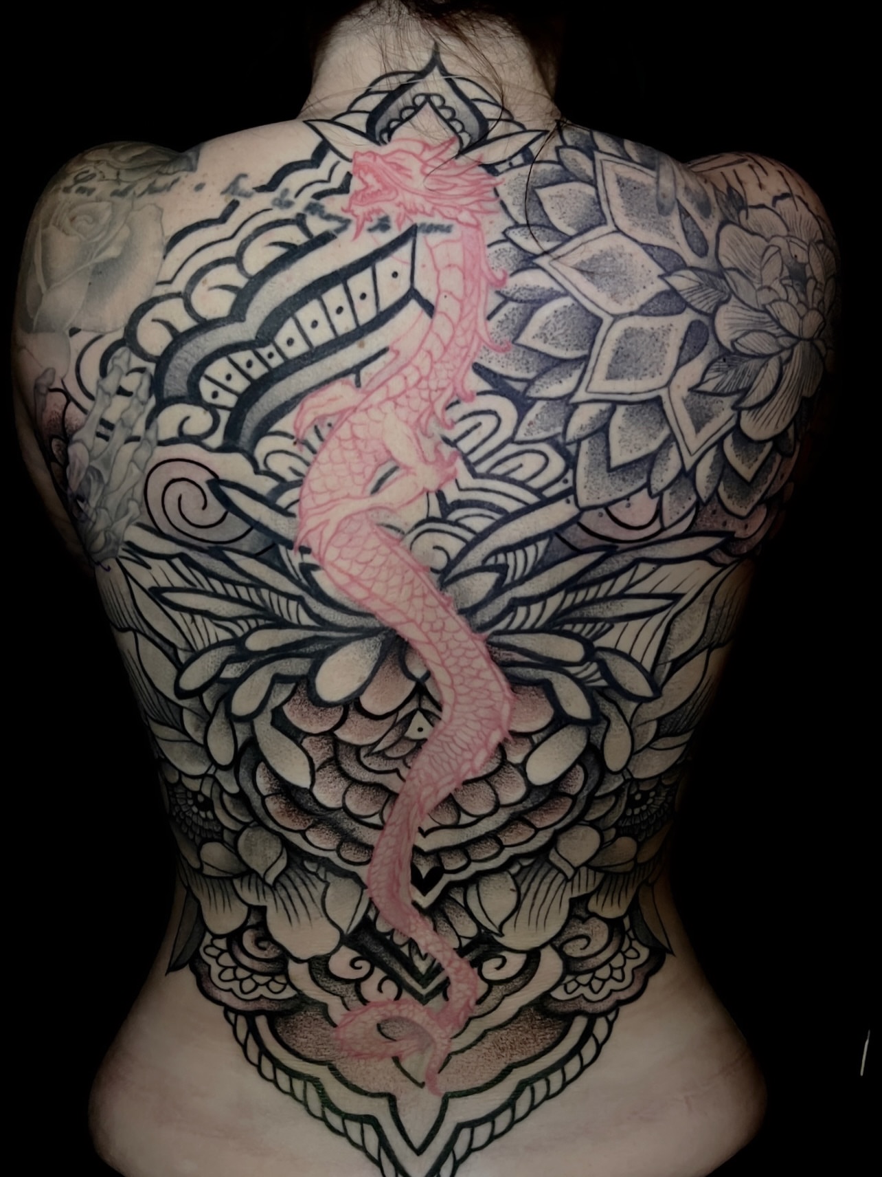 Dragon and floral japanese irezumi tattoo on the back by David Carras-pol, Miramar, Florida