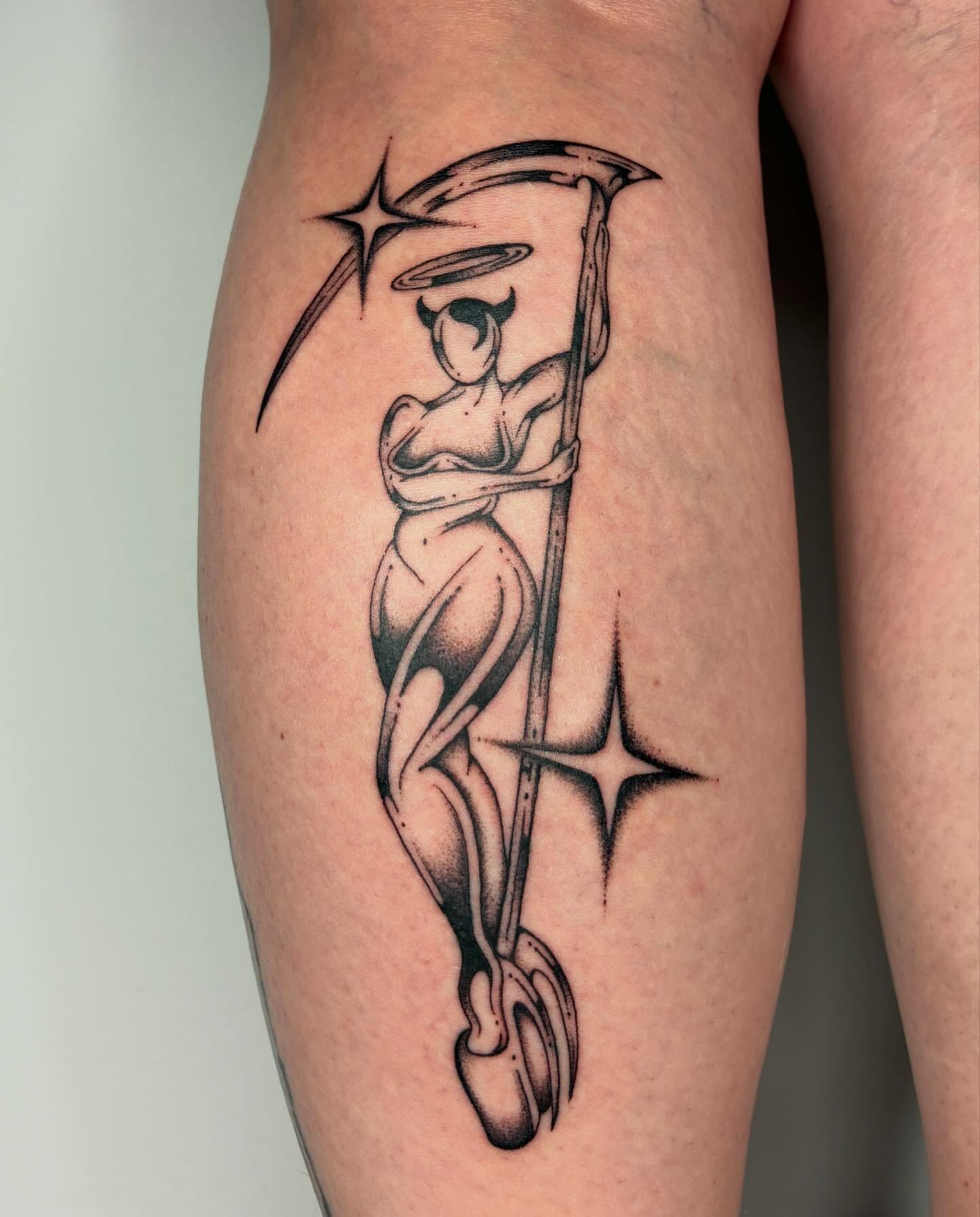 Angelic figure with scythe dotwork tattoo on the thigh by Steven Sessler, San Francisco, California