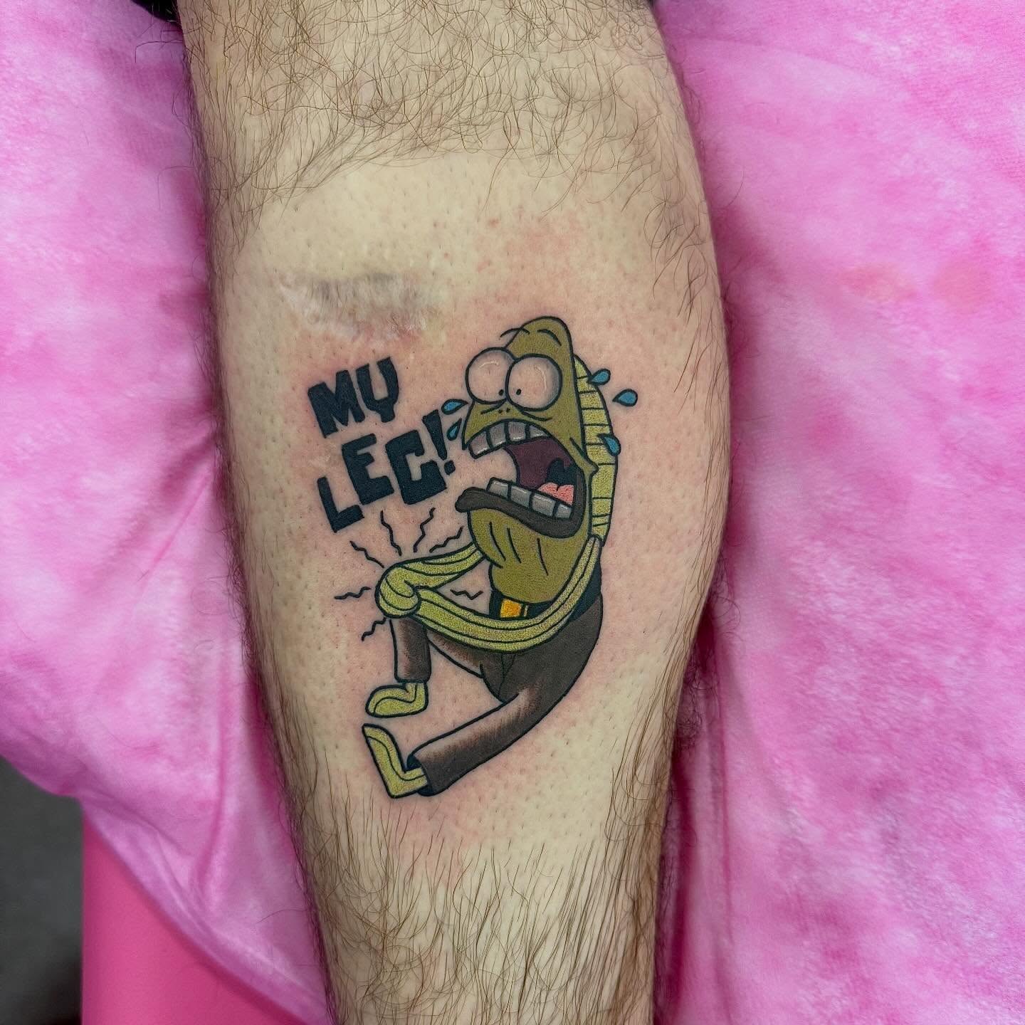Rick and morty character dotwork tattoo on the leg by Abby Ash, Belington, West Virginia
