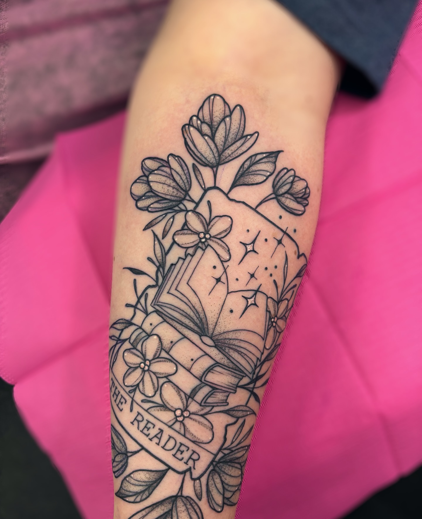 Book and flowers black and grey tattoo on the forearm by ✿ sadie winter ✿