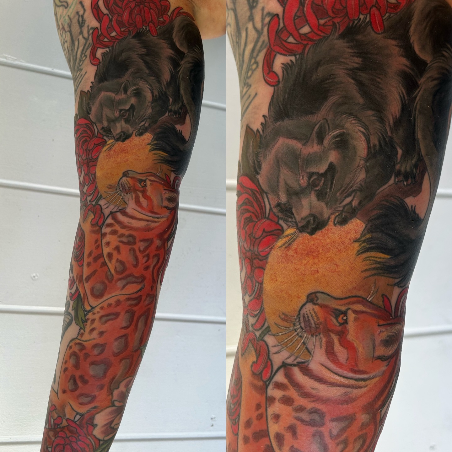 Jaguar and bear American traditional tattoo on the forearm by Anna Sylvan Tattoos
